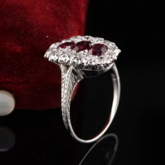 Antique Art Deco Platinum White Gold Diamond and Ruby Three Stone Ring