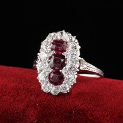 Antique Art Deco Platinum White Gold Diamond and Ruby Three Stone Ring