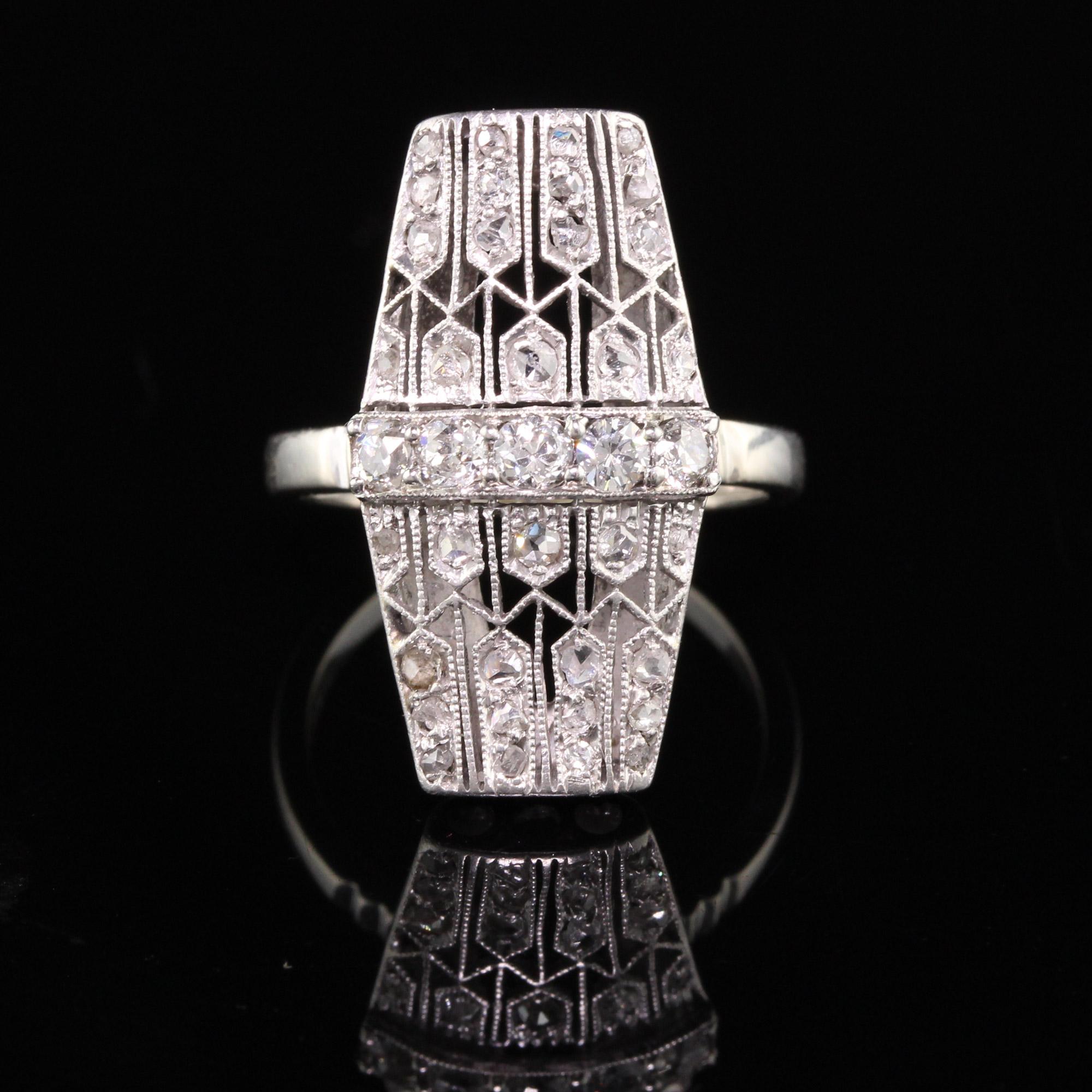 Antique Art Deco Platinum White Gold Old Mine Rose Cut Filigree Shield Ring In Good Condition In Great Neck, NY