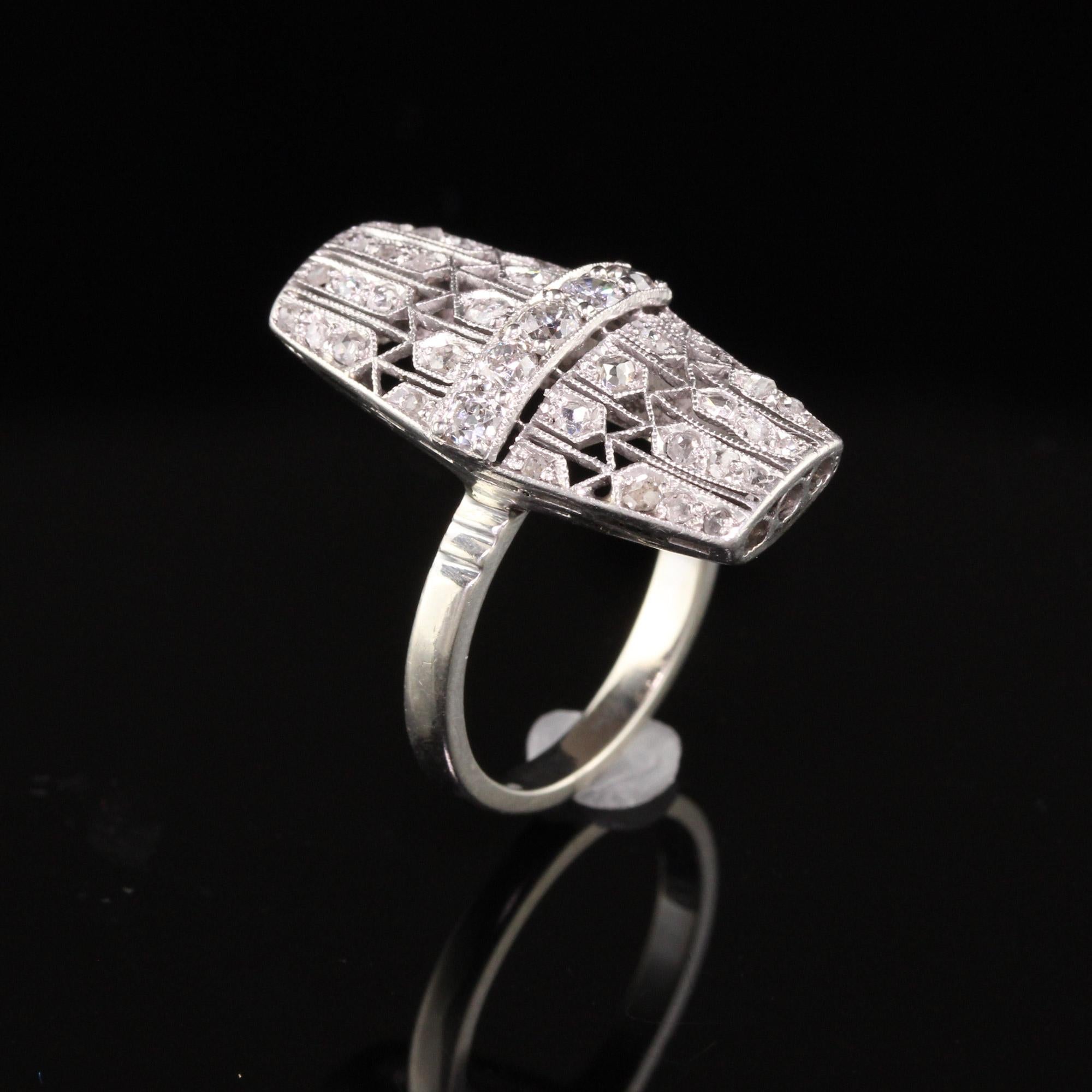 Women's Antique Art Deco Platinum White Gold Old Mine Rose Cut Filigree Shield Ring