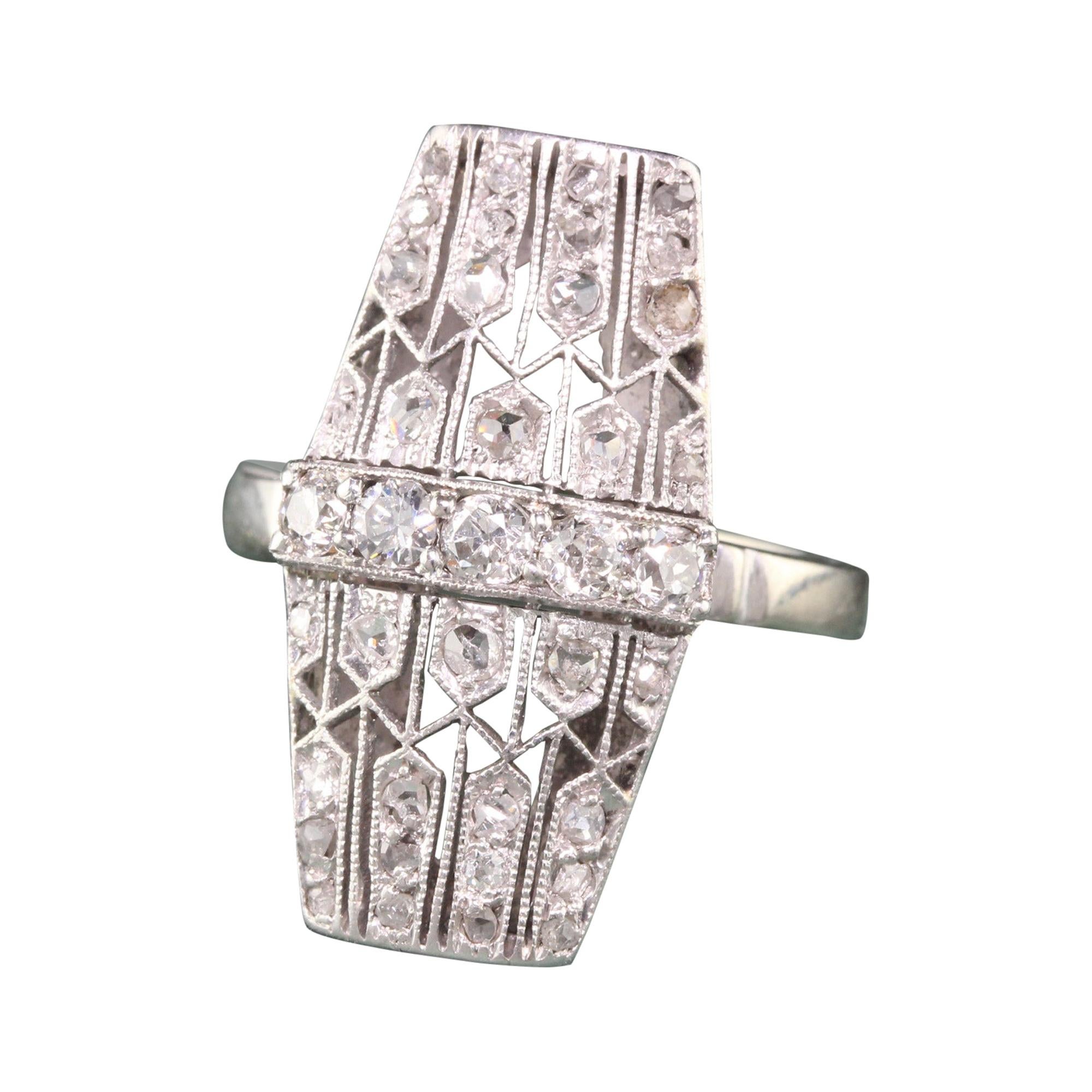 Antique Art Deco Platinum White Gold Old Mine Rose Cut Filigree Shield Ring
