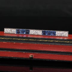 Antique Art Deco Platinum Yogo Gulch Sapphire Old Euro Diamond Bar Pin - GIA