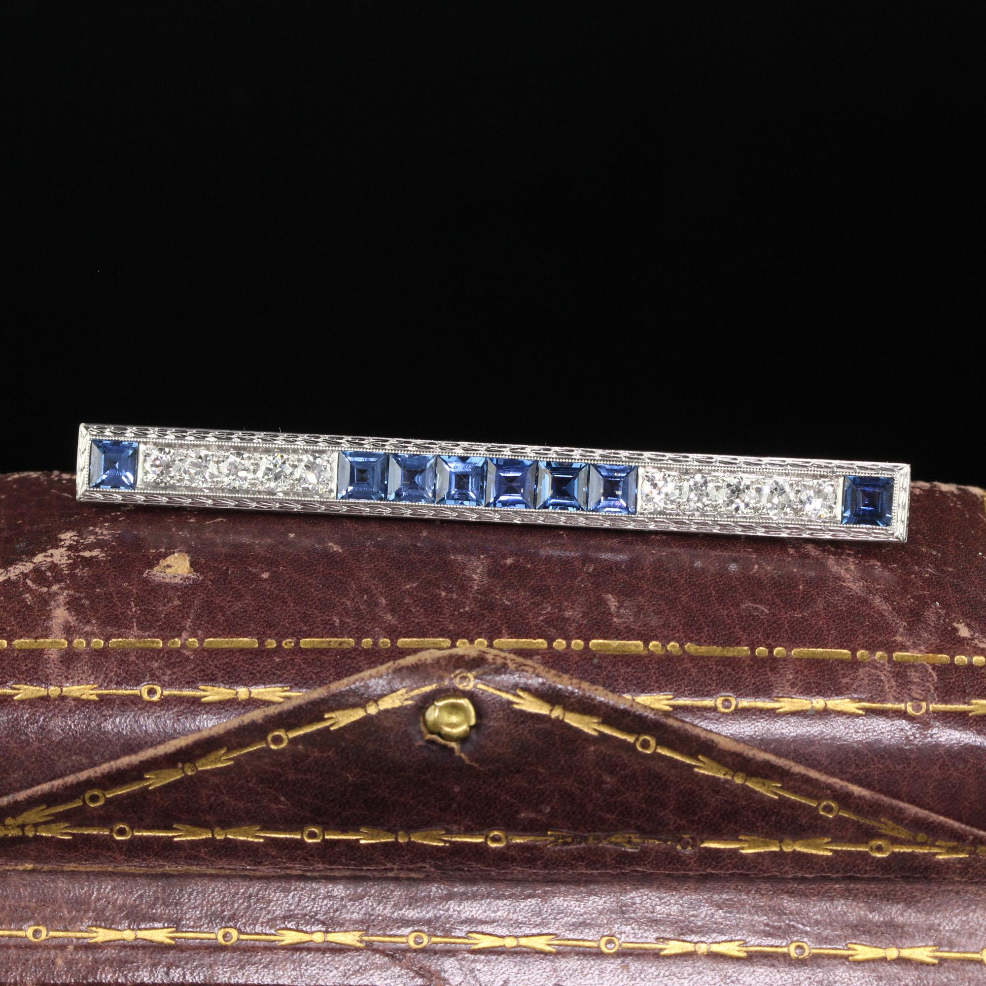 Beautiful Antique Art Deco Platinum Yogo Gulch Sapphire Old Euro Diamond Bar Pin - GIA. This incredible Art Deco Yogo sapphire bar pin is crafted in platinum and 14k yellow gold. The pin features eight Carre cut sapphires and ten white old European