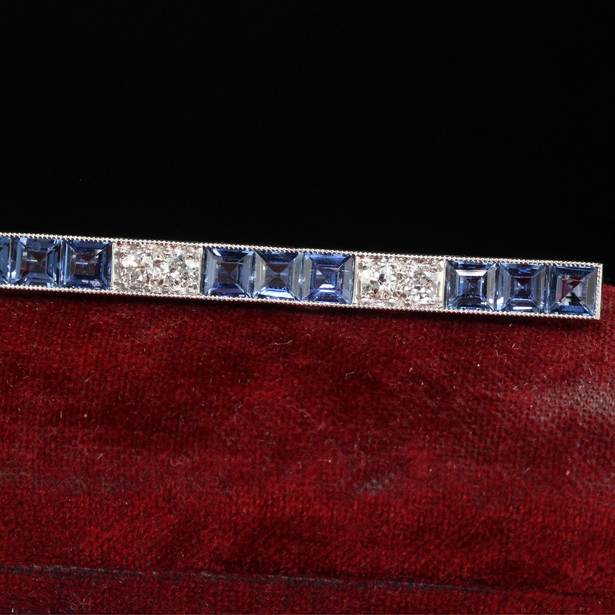 Square Cut Antique Art Deco Platinum Yogo Gulch Sapphire Old Euro Diamond Bar Pin - GIA For Sale