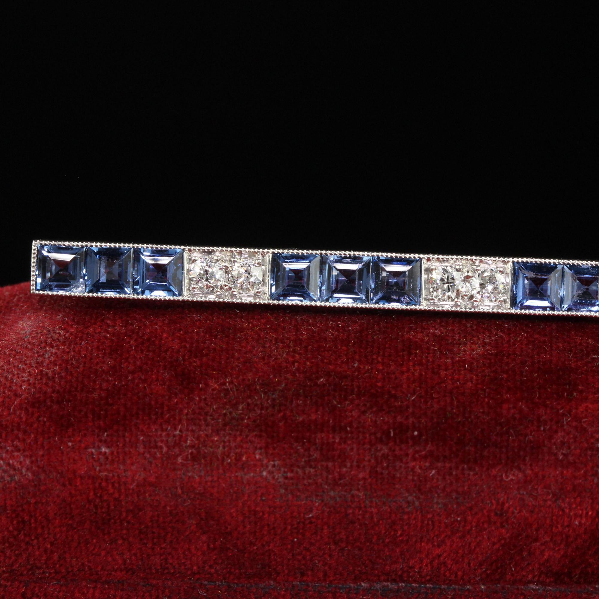 Square Cut Antique Art Deco Platinum Yogo Gulch Sapphire Old Euro Diamond Bar Pin - GIA For Sale