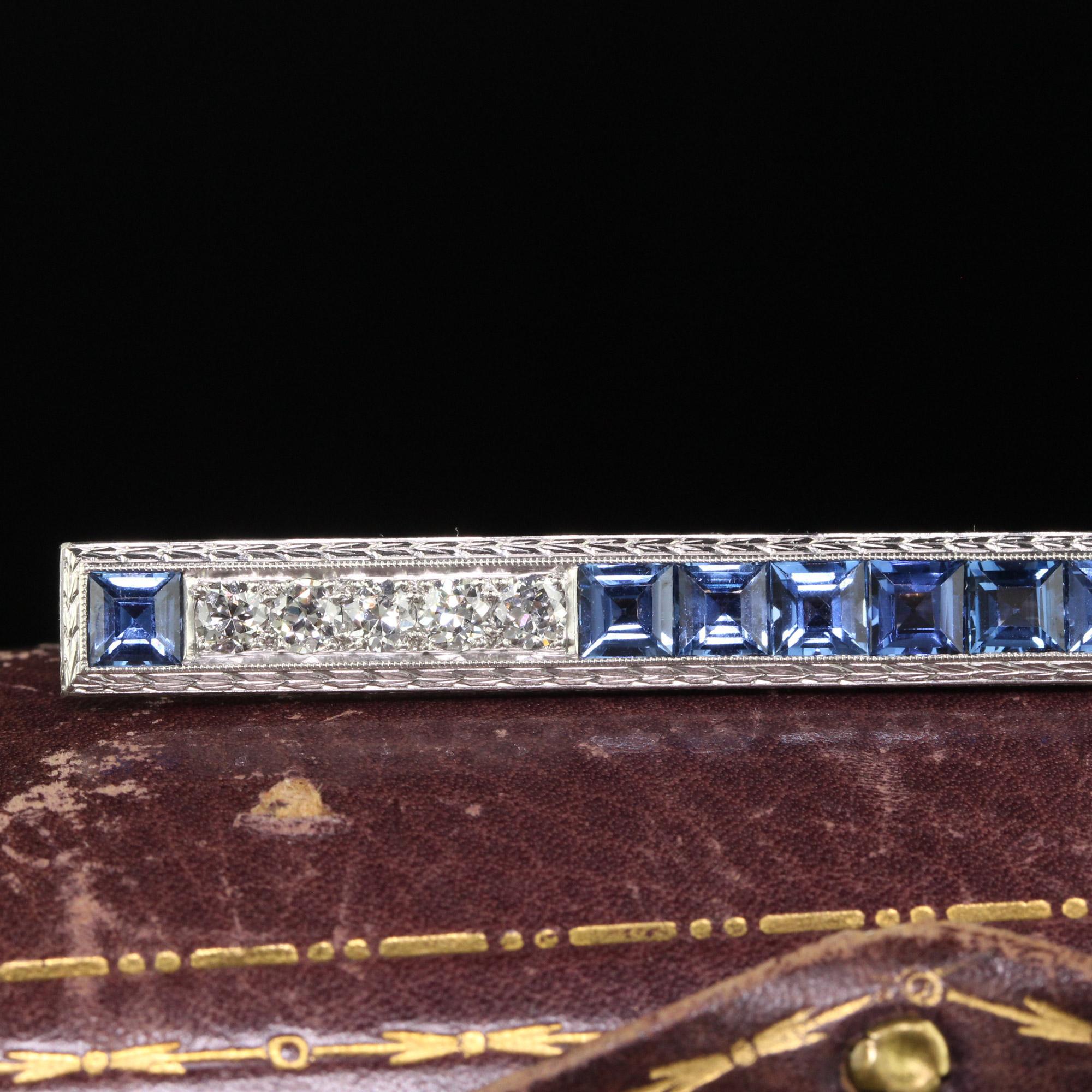 Antique Art Deco Platinum Yogo Gulch Sapphire Old Euro Diamond Bar Pin - GIA For Sale 1