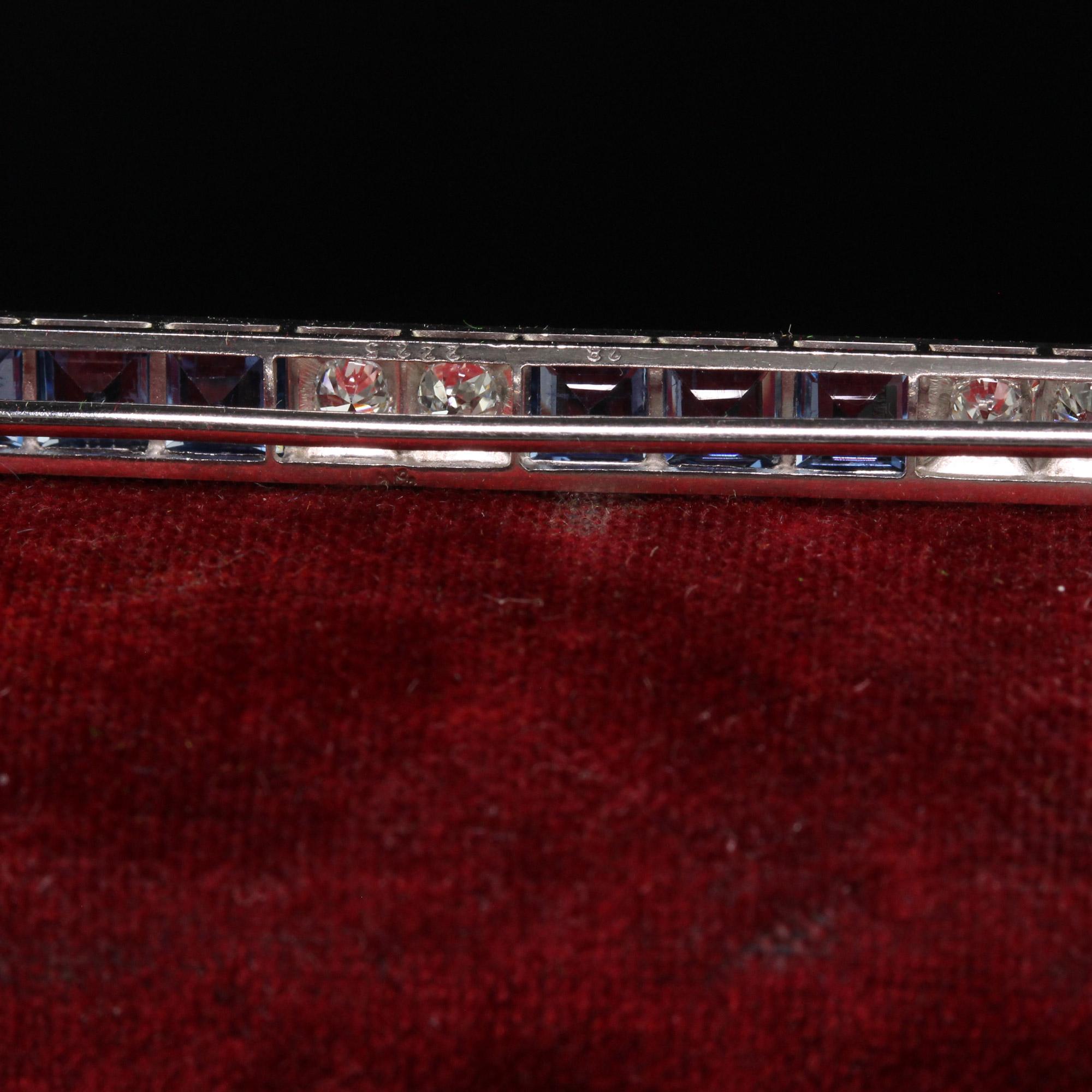 Antique Art Deco Platinum Yogo Gulch Sapphire Old Euro Diamond Bar Pin - GIA For Sale 1