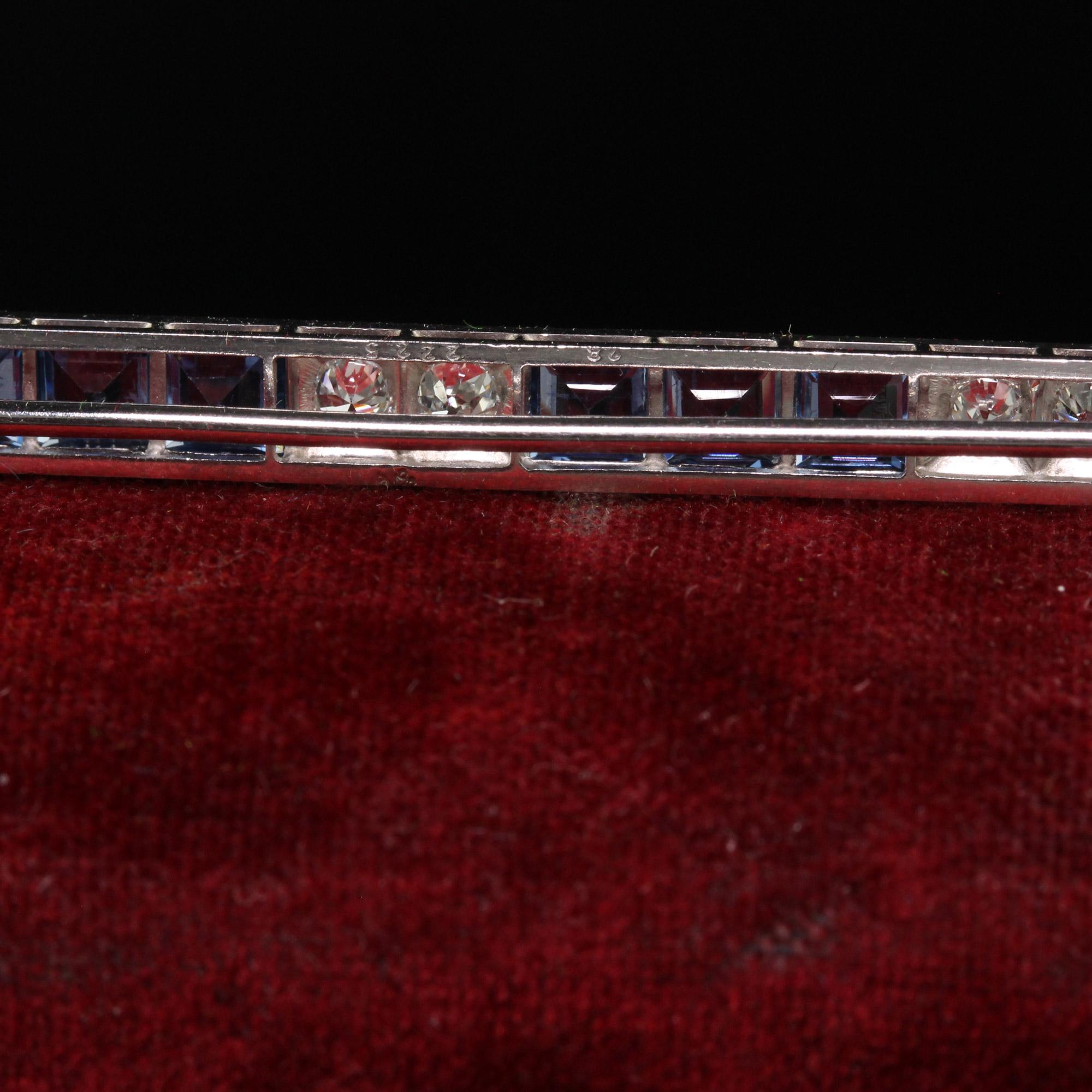 Women's or Men's Antique Art Deco Platinum Yogo Gulch Sapphire Old Euro Diamond Bar Pin - GIA For Sale
