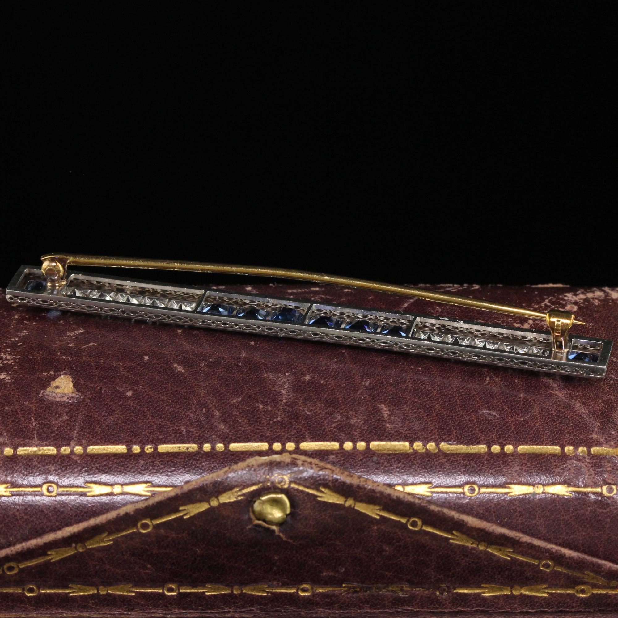 Antique Art Deco Platinum Yogo Gulch Sapphire Old Euro Diamond Bar Pin - GIA For Sale 2