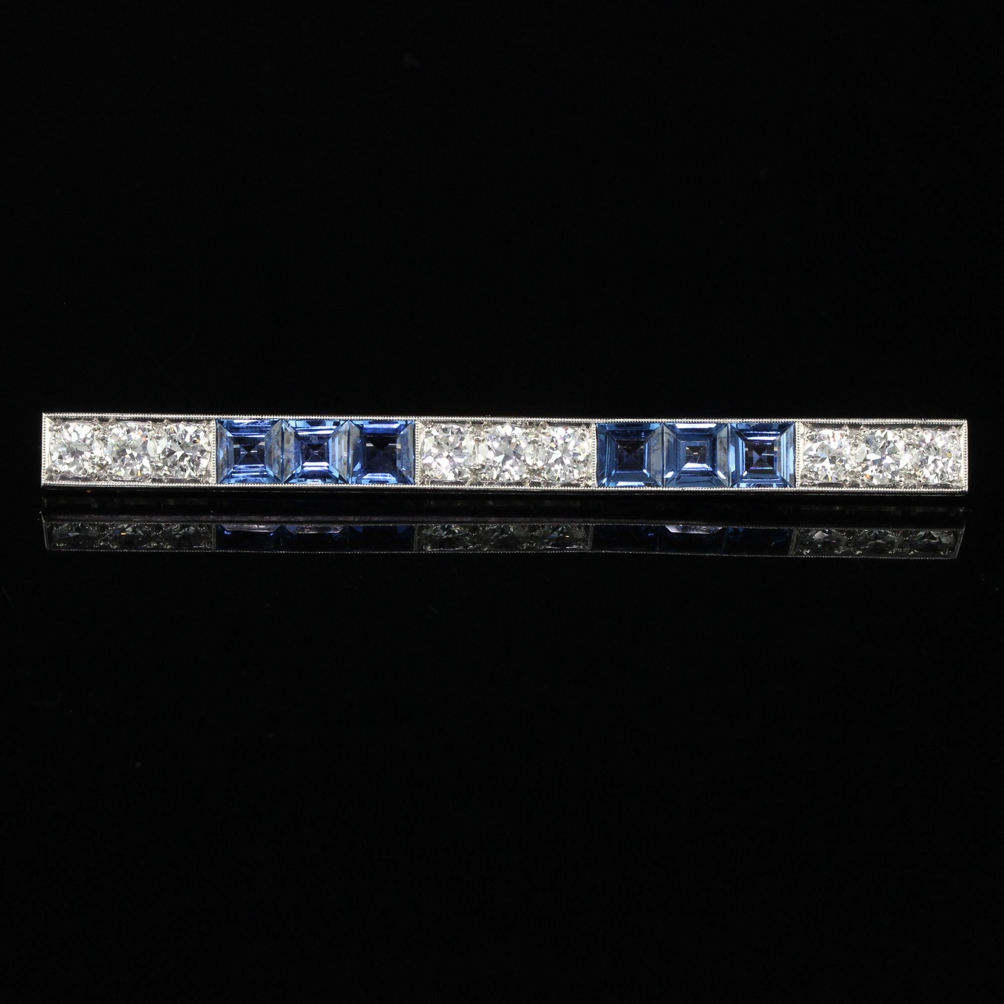 Antique Art Deco Platinum Yogo Gulch Sapphire Old Euro Diamond Bar Pin - GIA For Sale 3