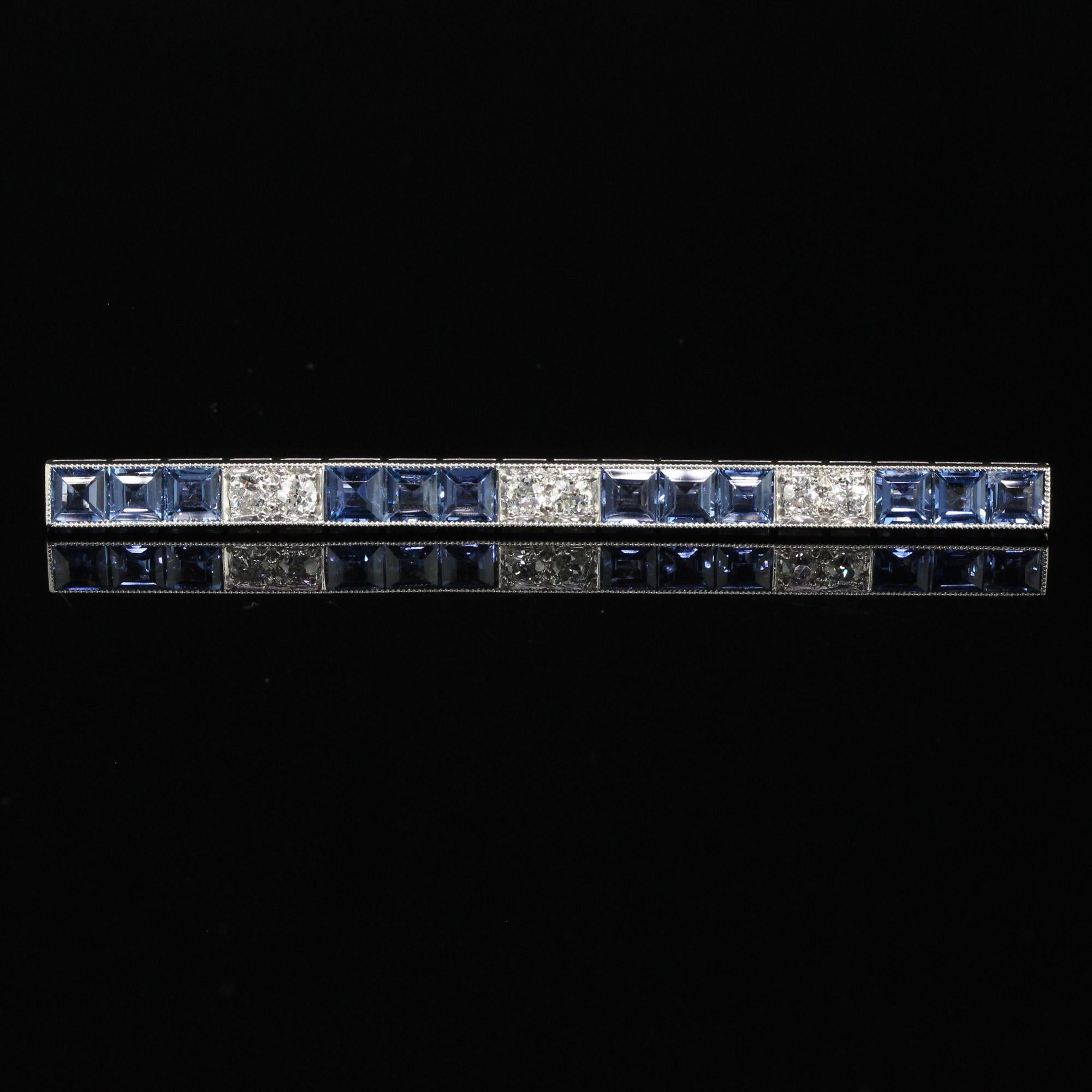 Antique Art Deco Platinum Yogo Gulch Sapphire Old Euro Diamond Bar Pin - GIA For Sale 3