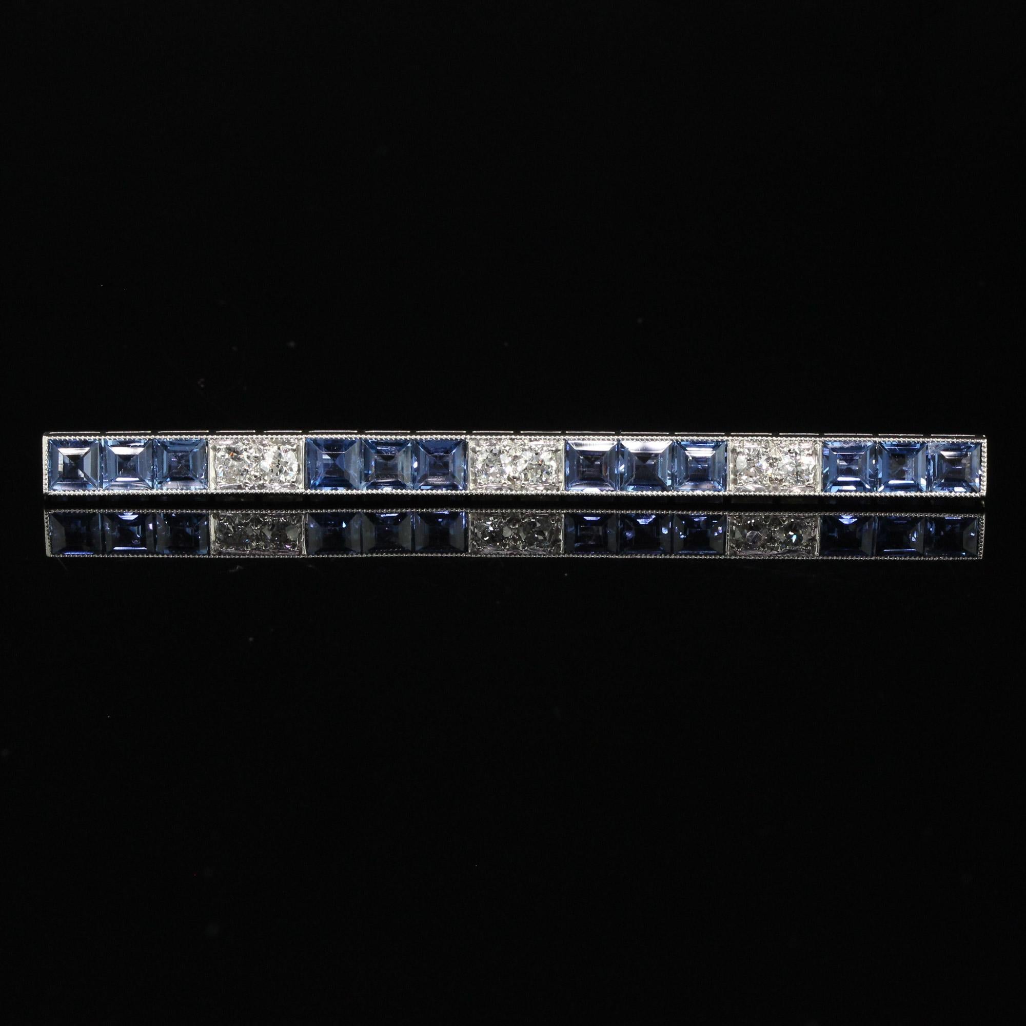 Antique Art Deco Platinum Yogo Gulch Sapphire Old Euro Diamond Bar Pin - GIA For Sale 2