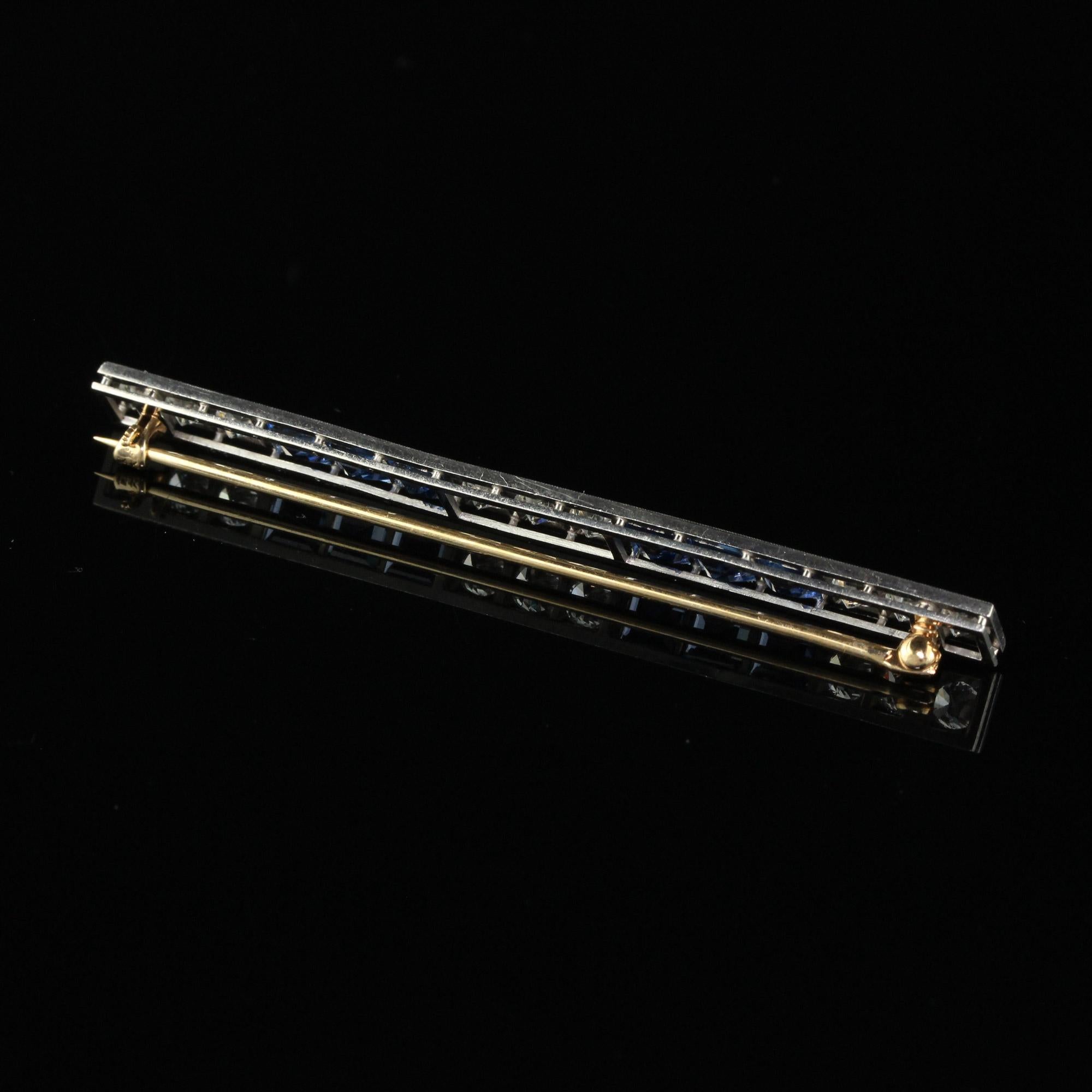 Antike Art Deco Platin Yogo Gulch Saphir Alt Euro Diamant Bar Pin - GIA im Angebot 3