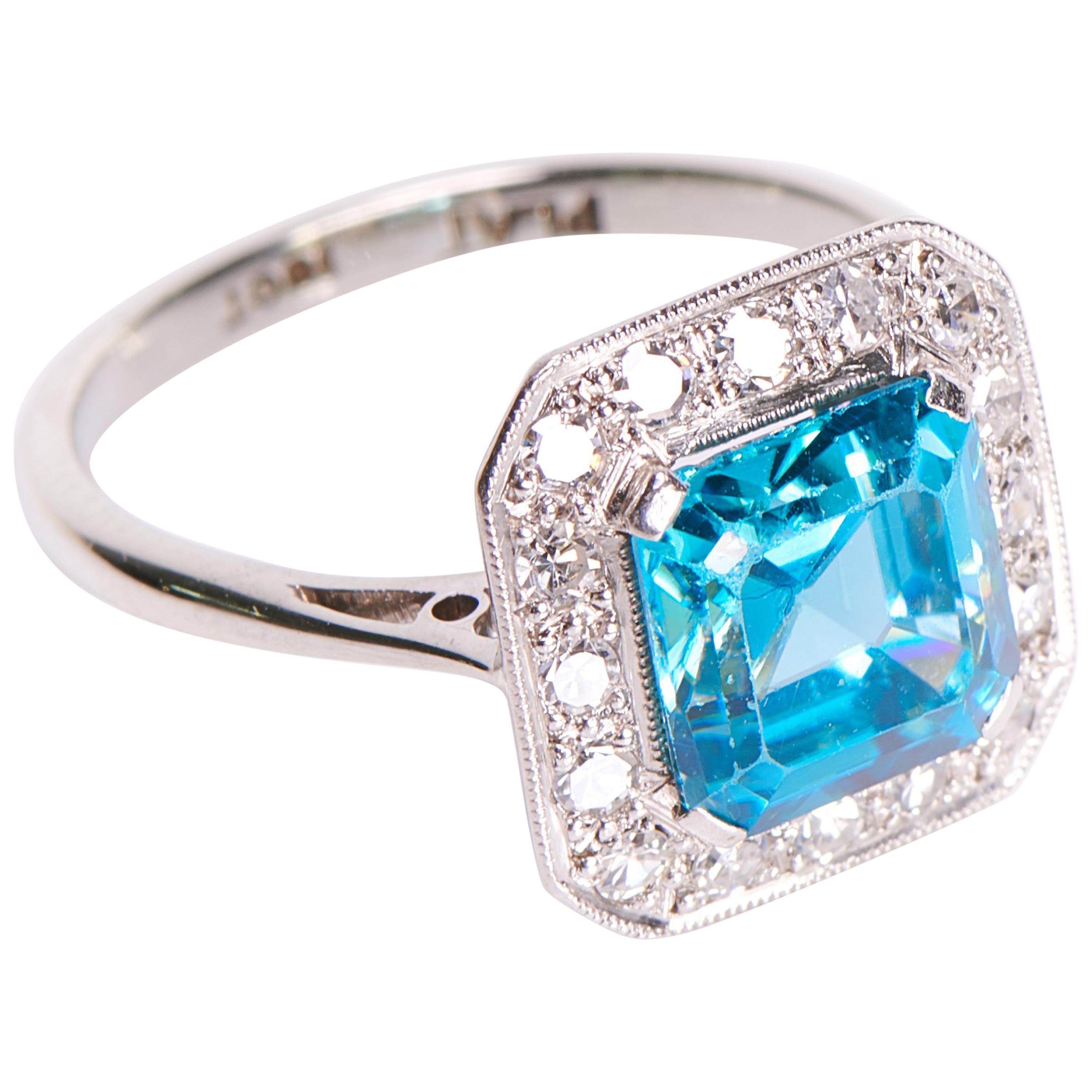 Antique, Art Deco, Platinum Zircon and Diamond Cluster Ring