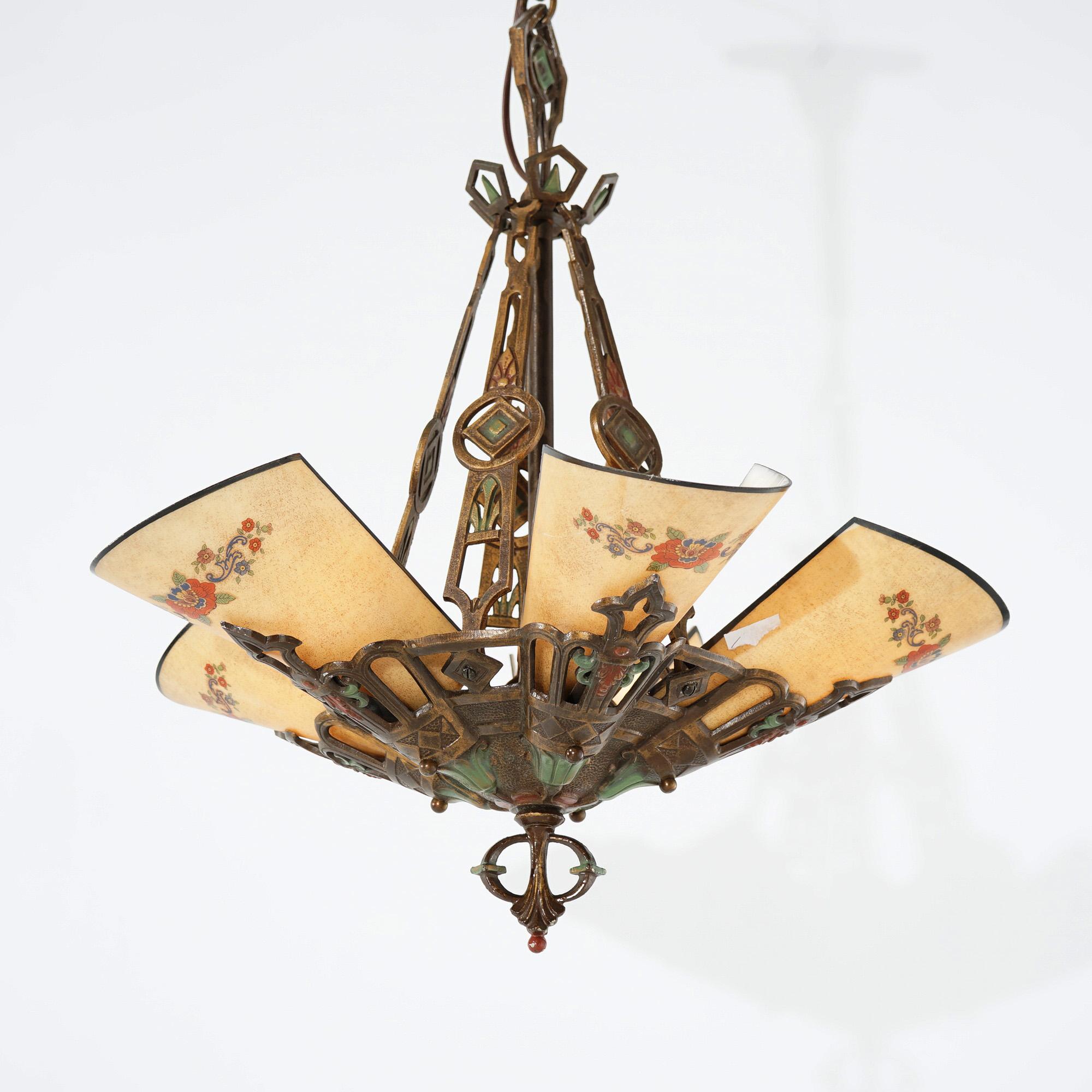 American Antique Art Deco Polychrome Hanging Fixture with Painted Slip Shades c1920