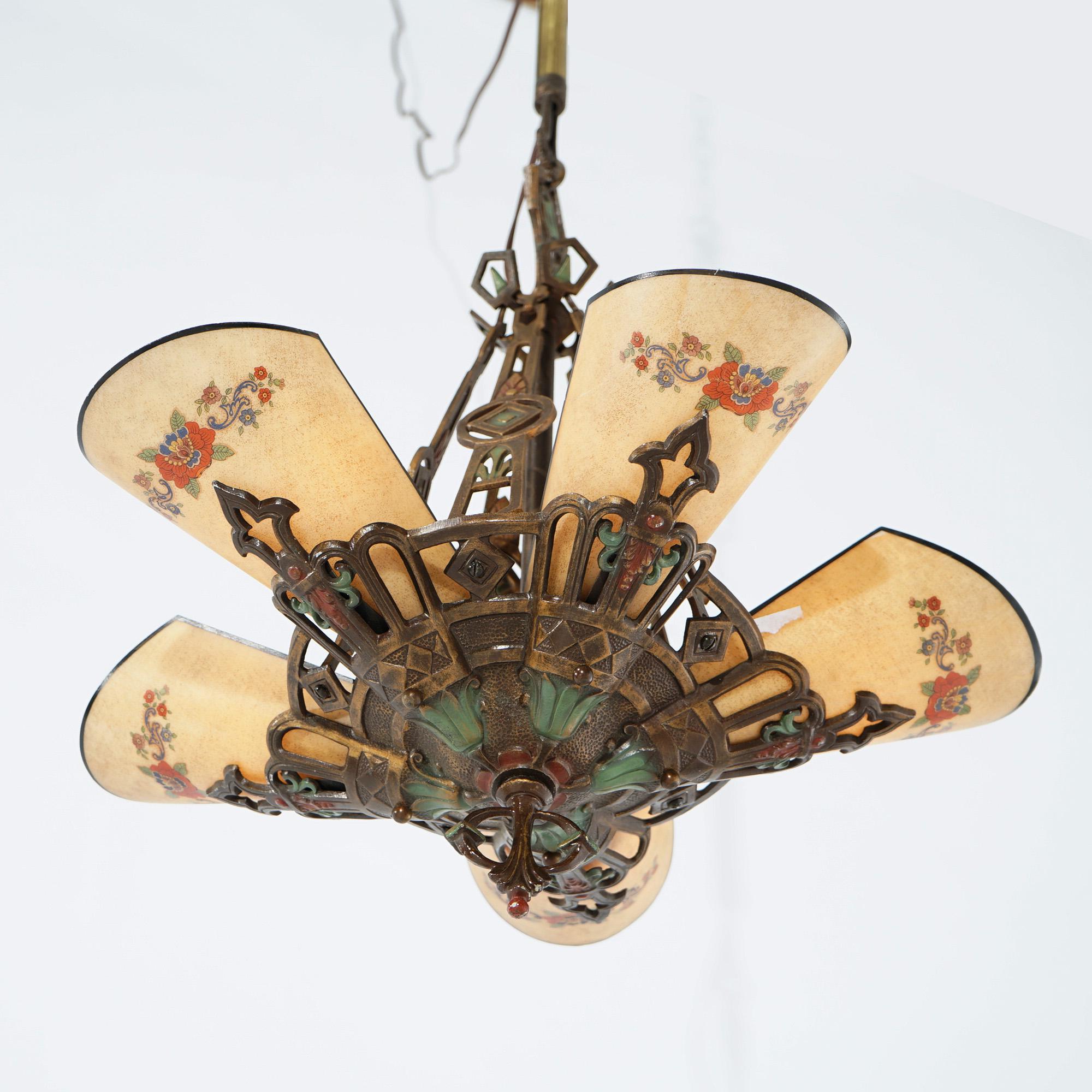 Antique Art Deco Polychrome Hanging Fixture with Painted Slip Shades c1920 In Good Condition In Big Flats, NY