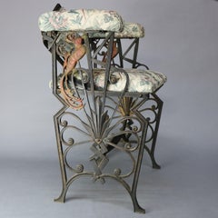 Antique Art Deco Polychromed Figural Wrought Iron Boudoir Chair with Bird