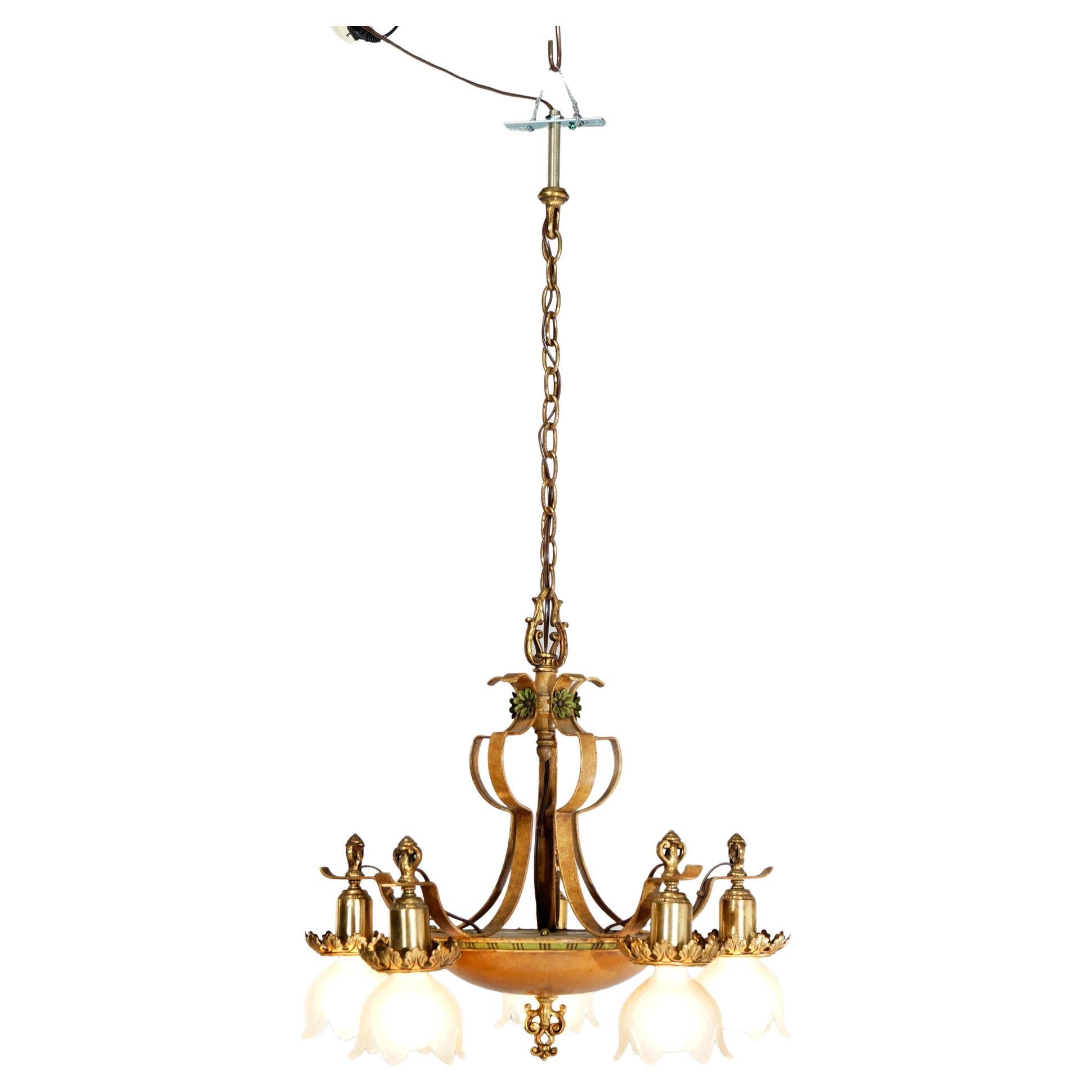 Antique Art Deco Polychromed Five-Light Ceiling Pan Light Fixture Circa 1930