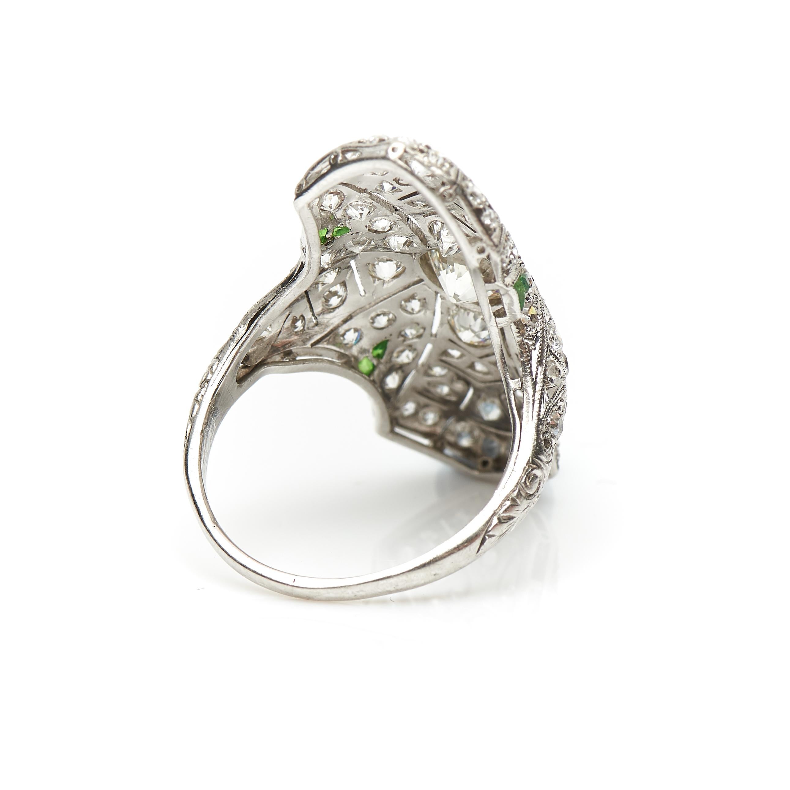 Old European Cut Antique, Art Deco, Rare, Platinum Demantoid Garnet and Diamond Plaque Ring