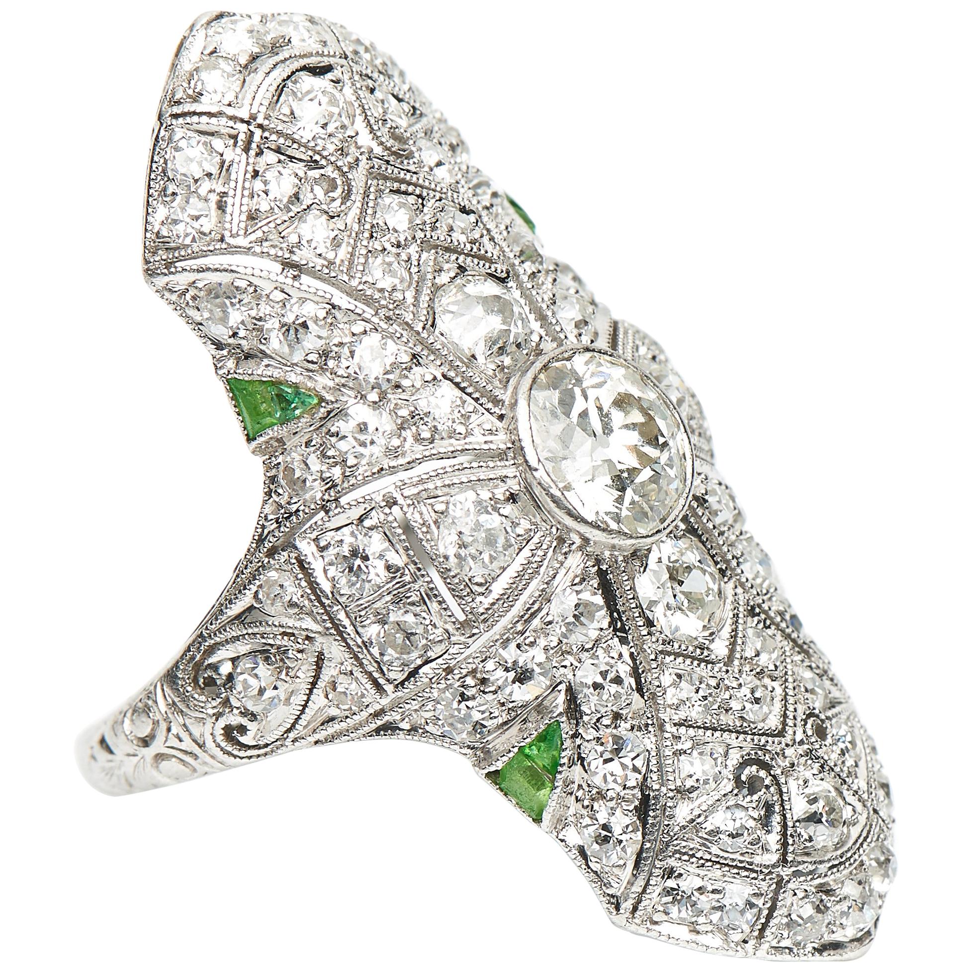 Antique, Art Deco, Rare, Platinum Demantoid Garnet and Diamond Plaque Ring