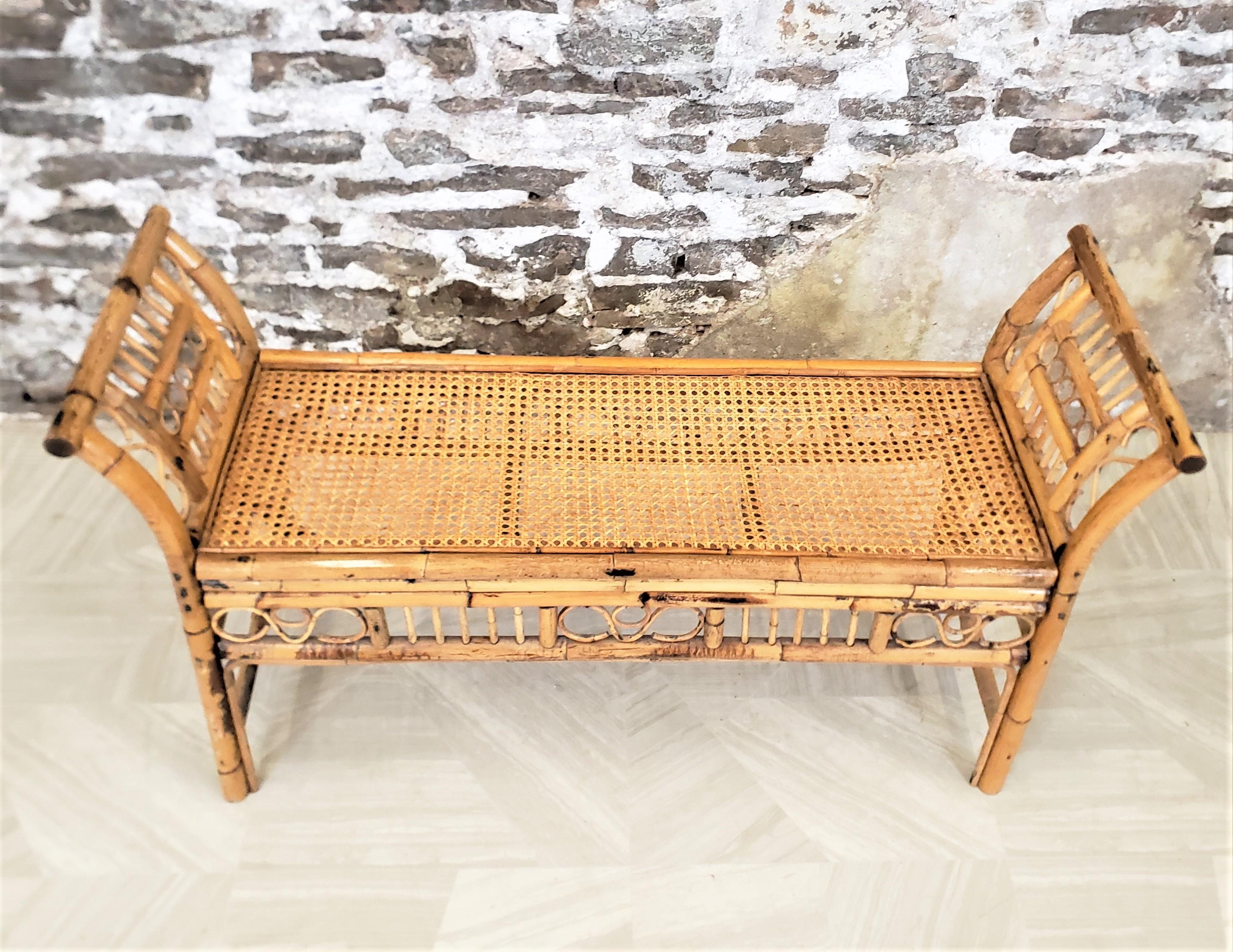 Antique Art Deco Rattan Bohemian Styled Bench with Cushion & Bolsters For Sale 3
