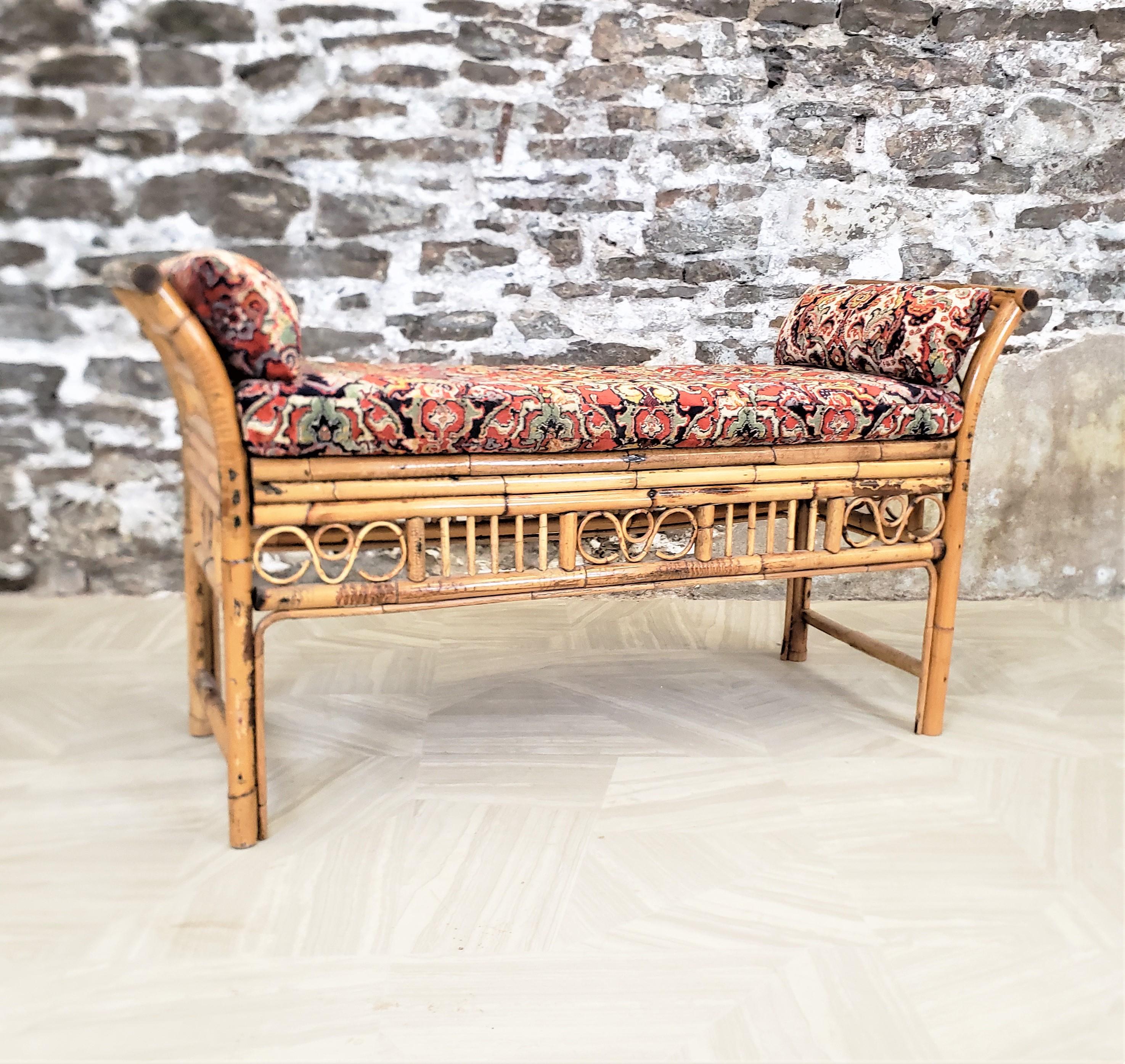Italian Antique Art Deco Rattan Bohemian Styled Bench with Cushion & Bolsters For Sale