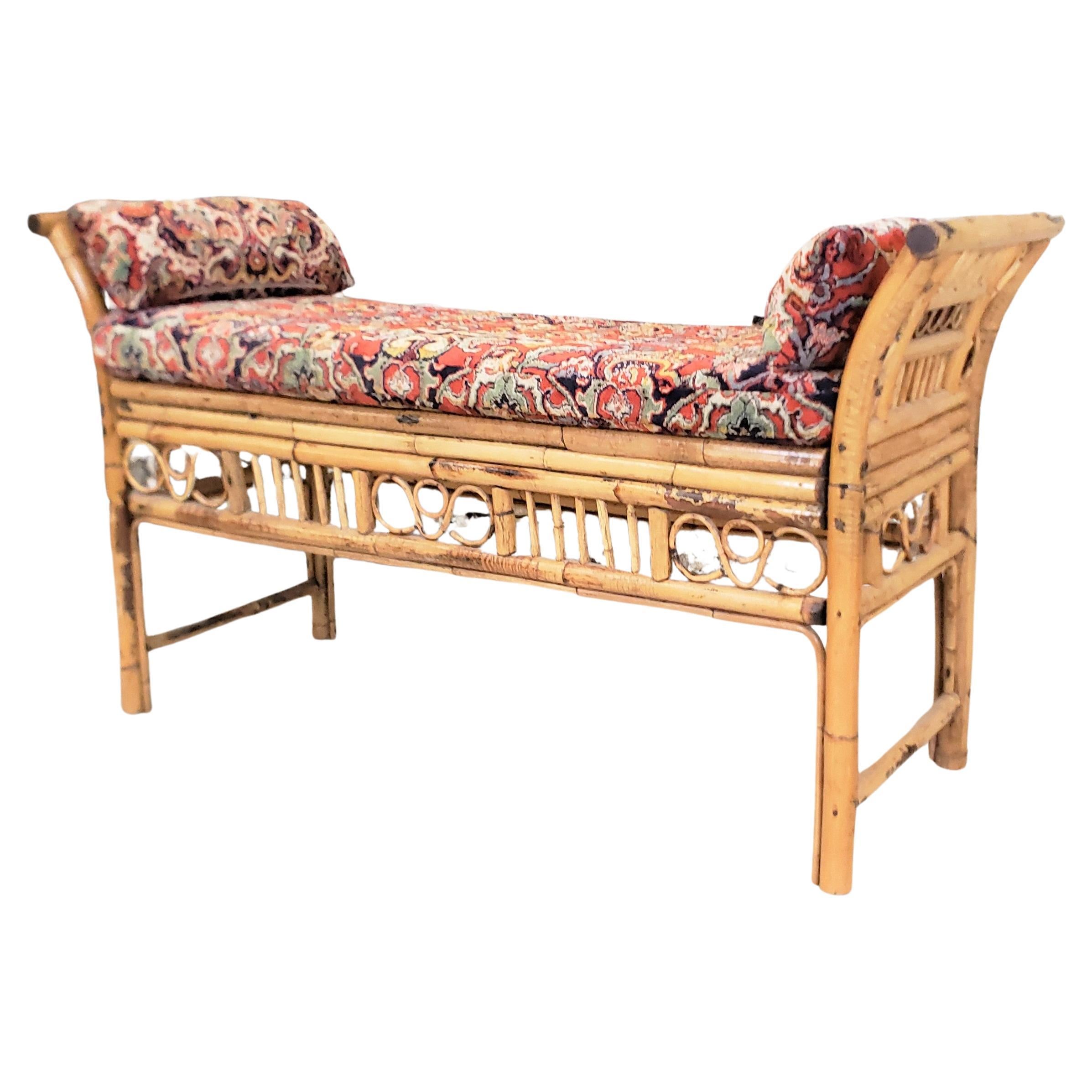 Antique Art Deco Rattan Bohemian Styled Bench with Cushion & Bolsters For Sale