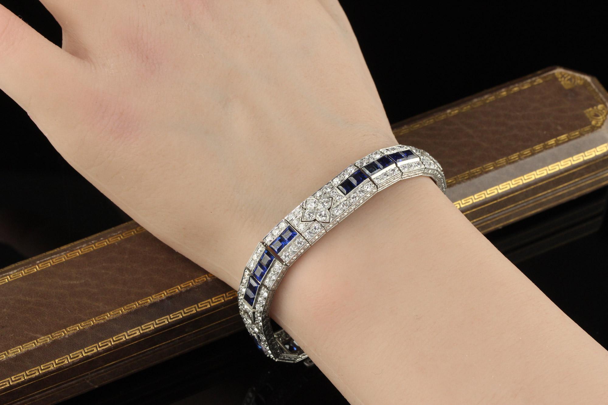 Antique Art Deco Raymond Yard Old Euro Diamond and Sapphire Bracelet - GIA For Sale 7