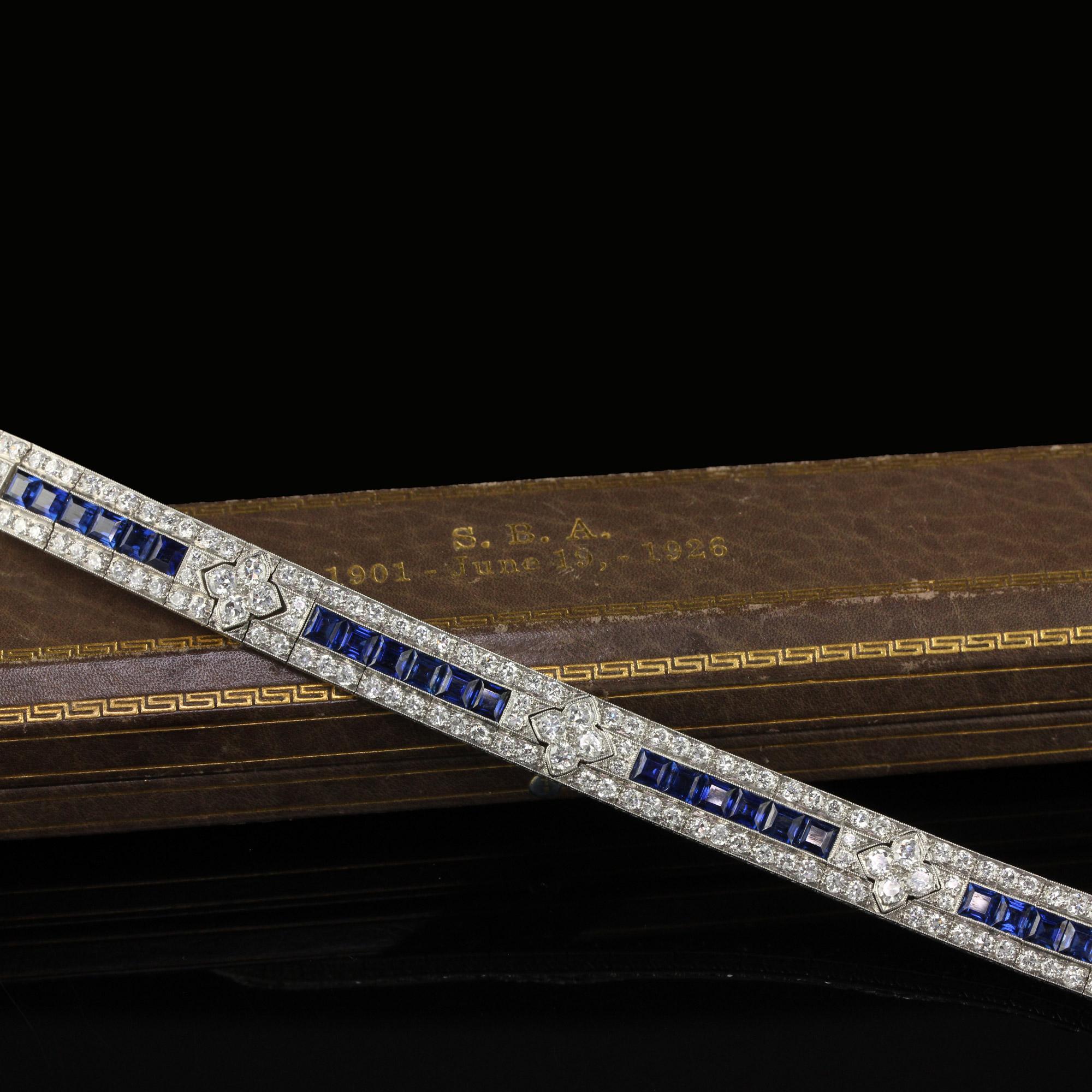 Antique Art Deco Raymond Yard Old Euro Diamond and Sapphire Bracelet - GIA In Good Condition For Sale In Great Neck, NY