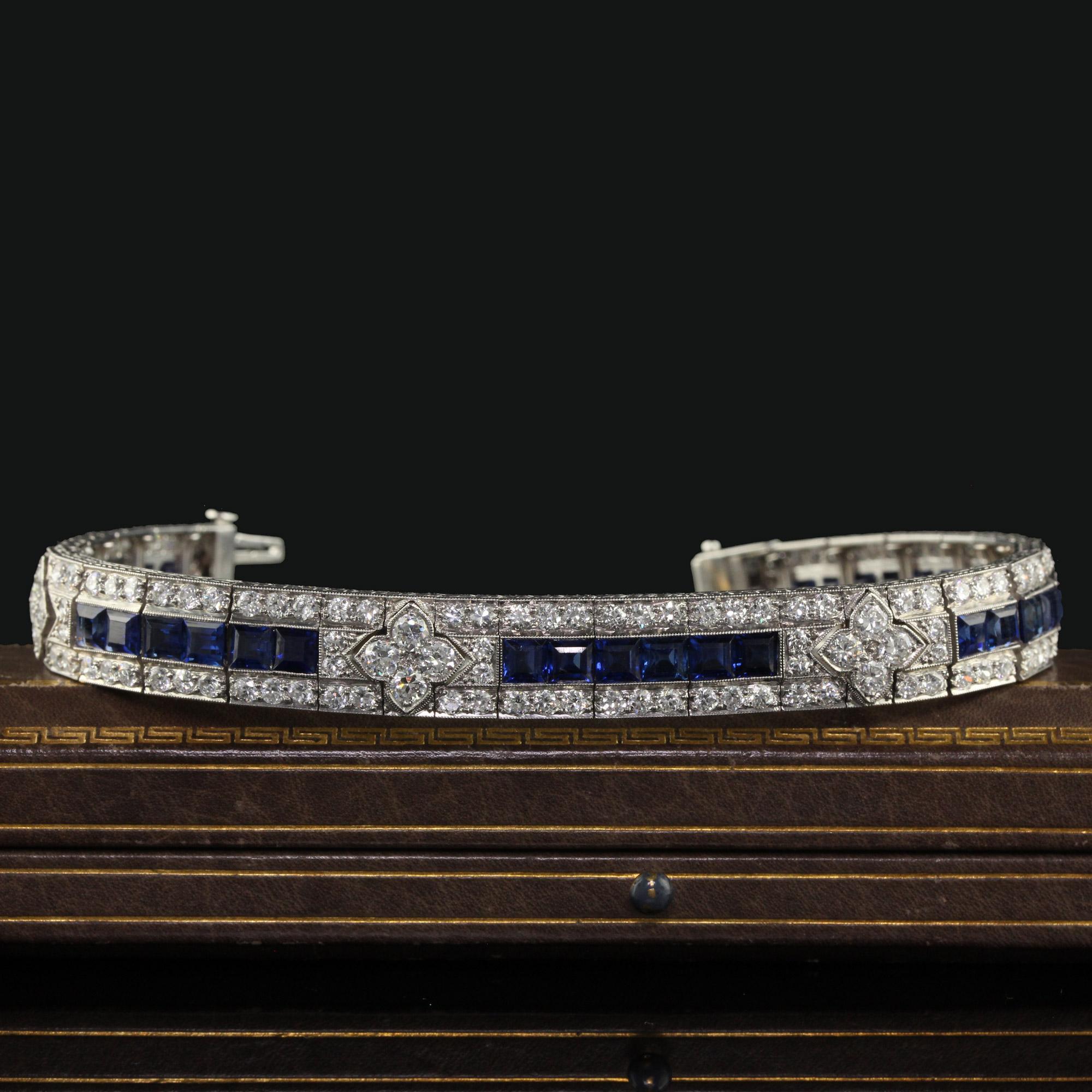Antique Art Deco Raymond Yard Old Euro Diamond and Sapphire Bracelet - GIA For Sale 1