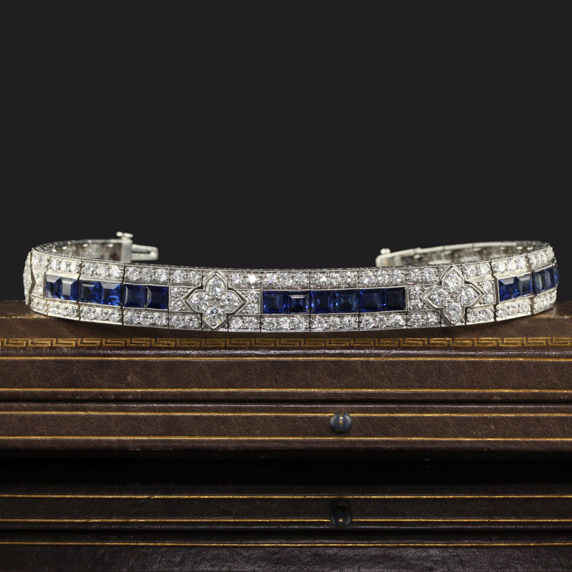 Antique Art Deco Raymond Yard Old Euro Diamond and Sapphire Bracelet - GIA For Sale 2