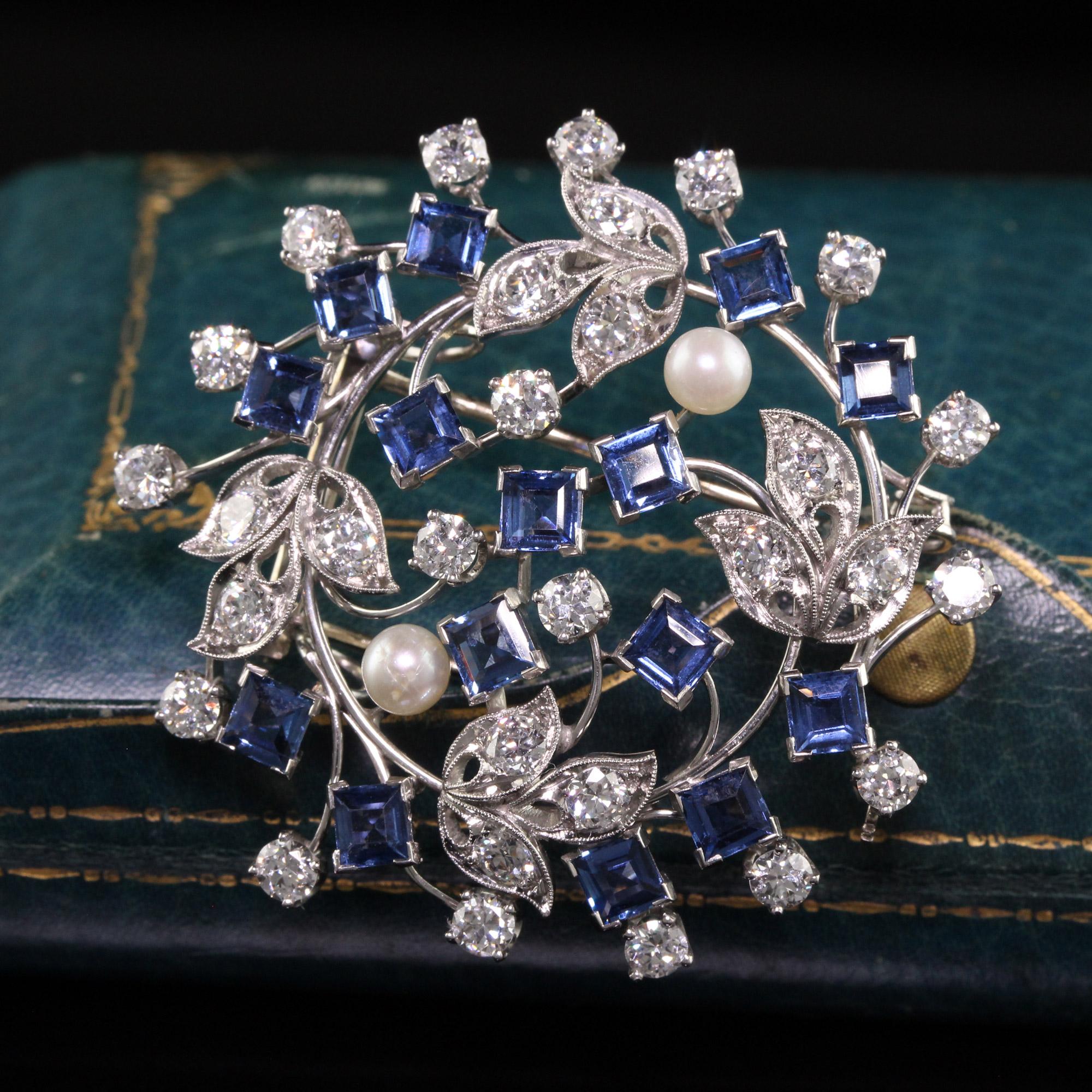 Women's or Men's Antique Art Deco Raymond Yard Platinum Old Cut Diamond Yogo Sapphire Pin Pendant For Sale