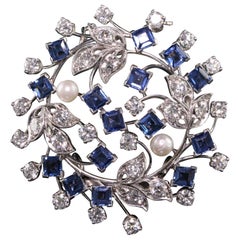 Antique Art Deco Raymond Yard Platinum Old Cut Diamond Yogo Sapphire Pin Pendant