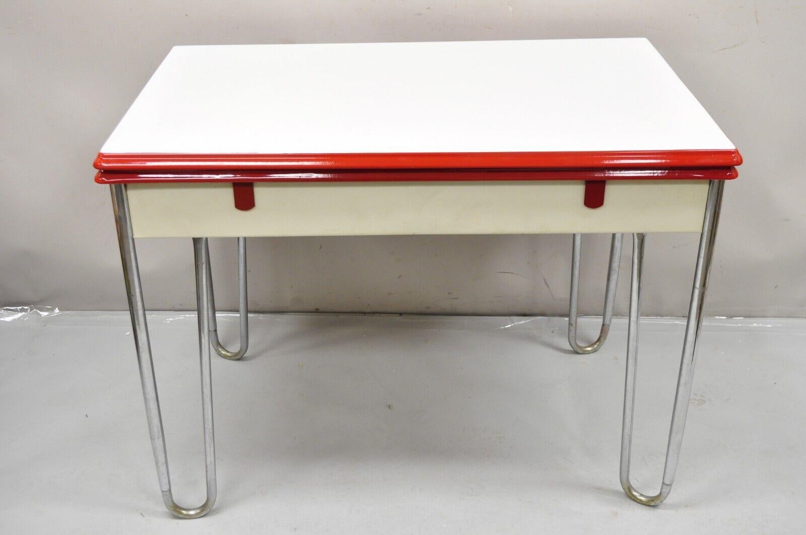 Antique Art Deco Red and White Porcelain Enamel 40” Extension Kitchen Table 2