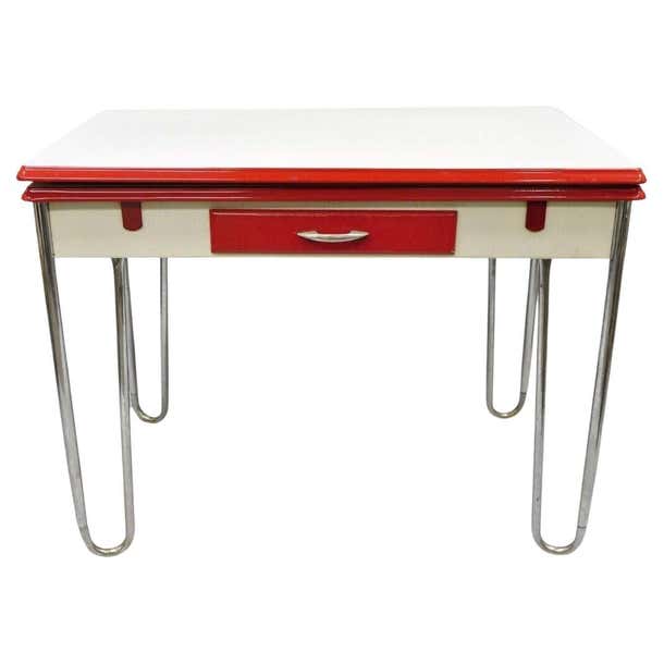 Antique Art Deco Red and White Porcelain Enamel 40” Extension Kitchen