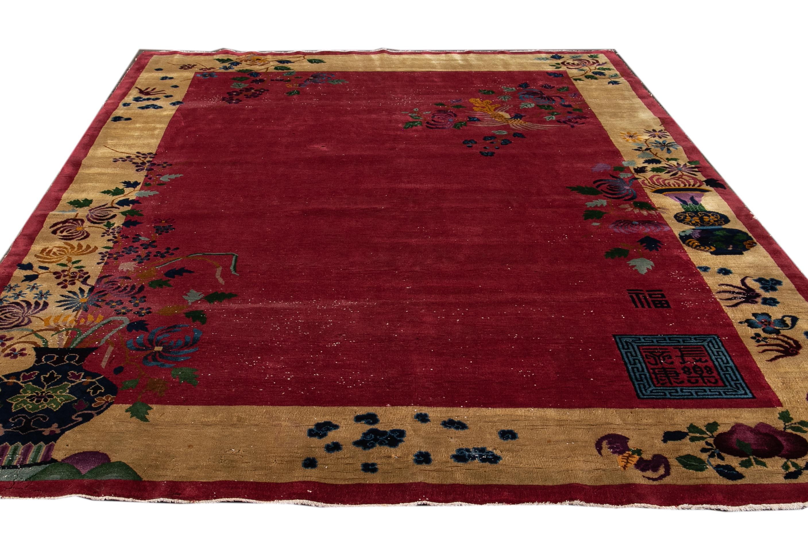 Hand-Knotted Antique Art Deco Red and Yellow Chinese Handmade Floral Wool Rug For Sale