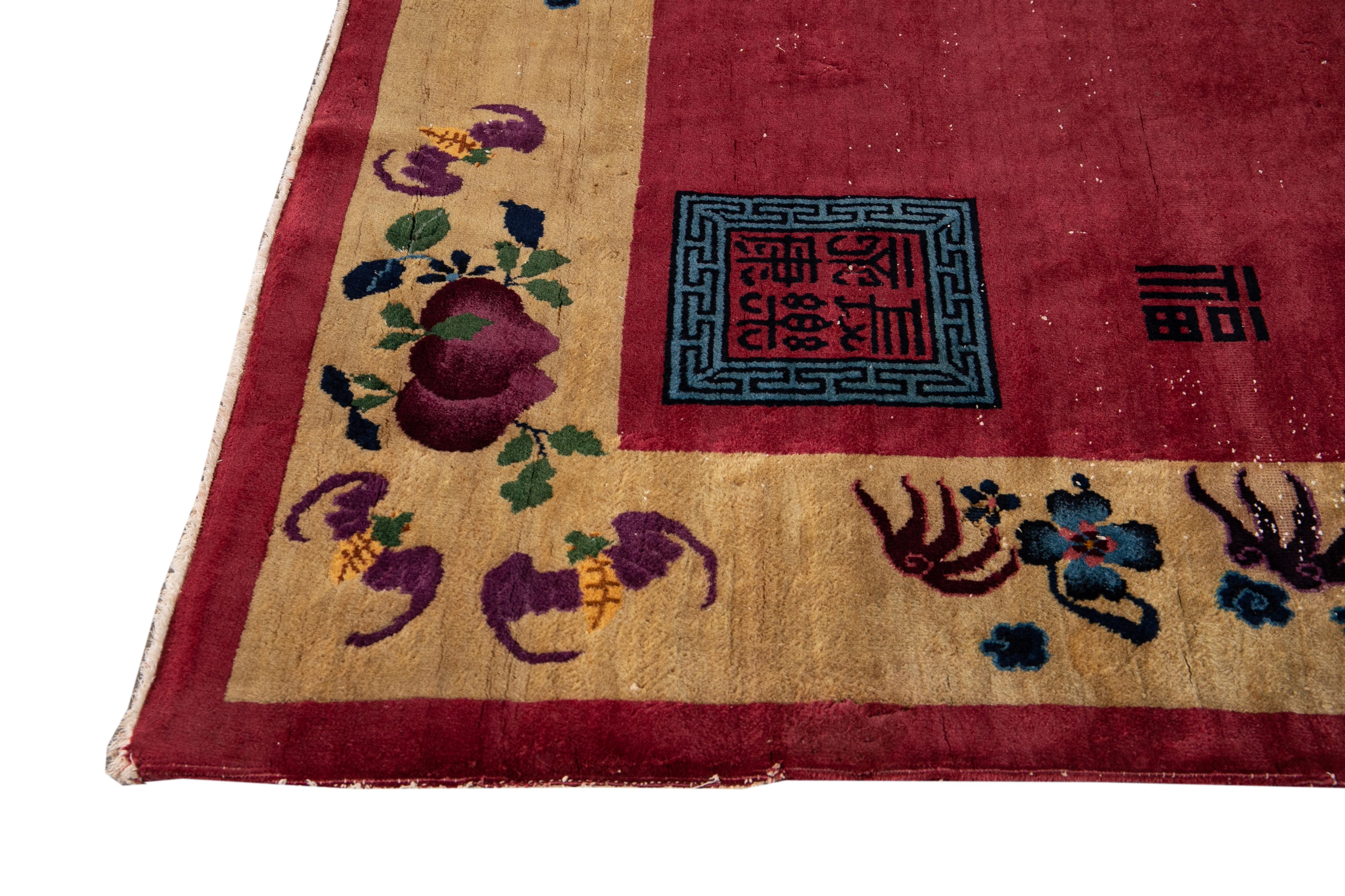 Antique Art Deco Red and Yellow Chinese Handmade Floral Wool Rug In Excellent Condition For Sale In Norwalk, CT