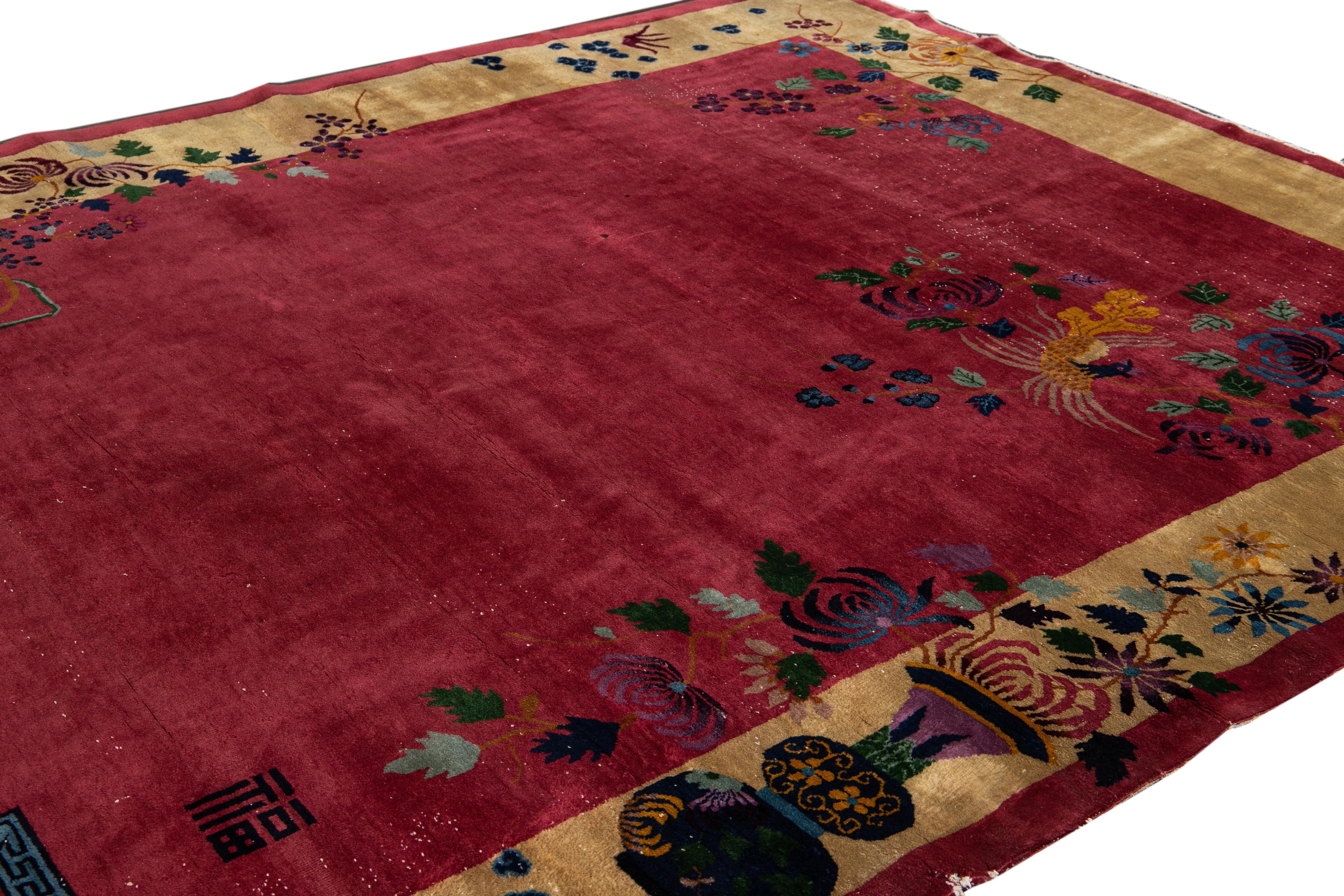 20th Century Antique Art Deco Red and Yellow Chinese Handmade Floral Wool Rug For Sale