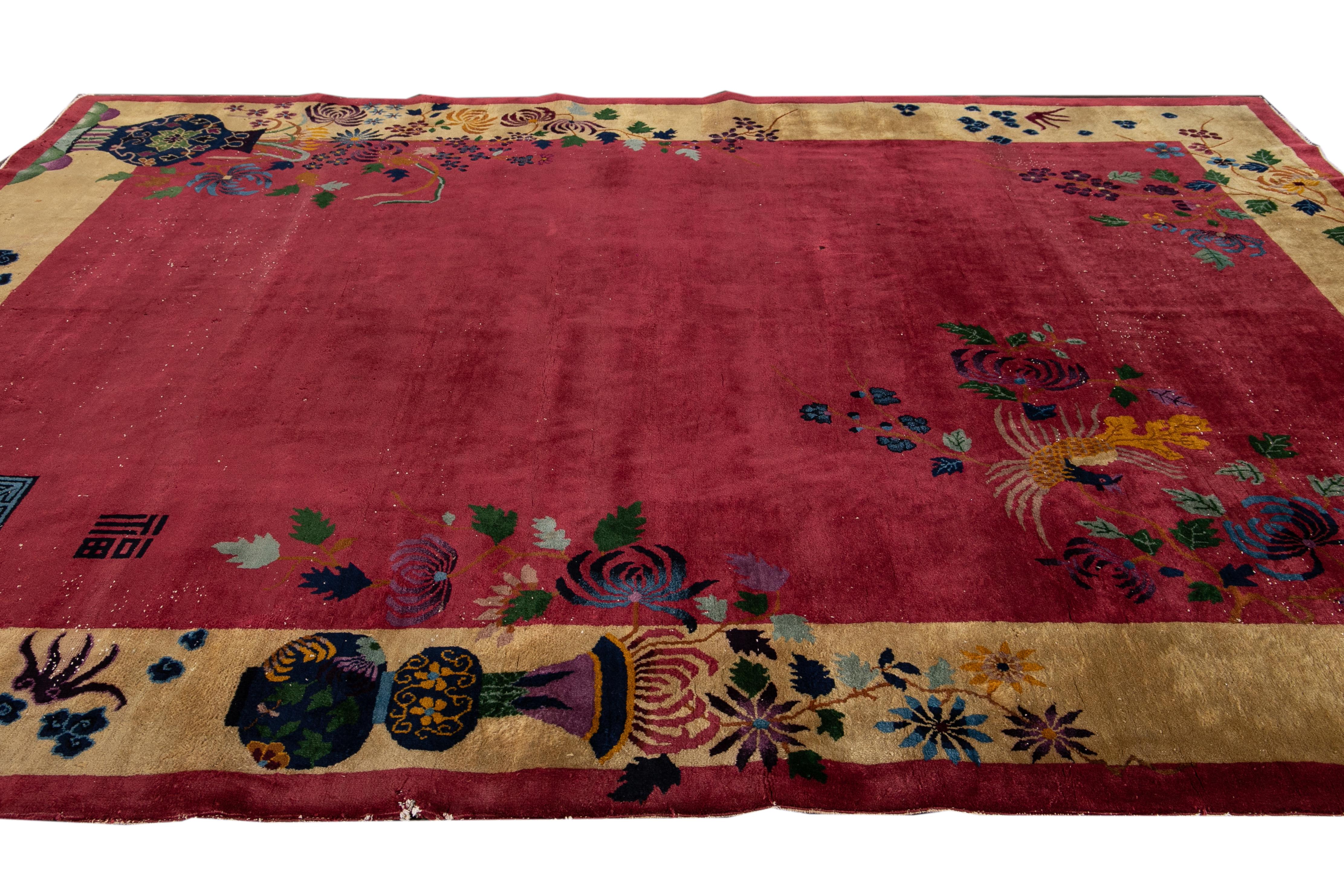 Antique Art Deco Red and Yellow Chinese Handmade Floral Wool Rug For Sale 1