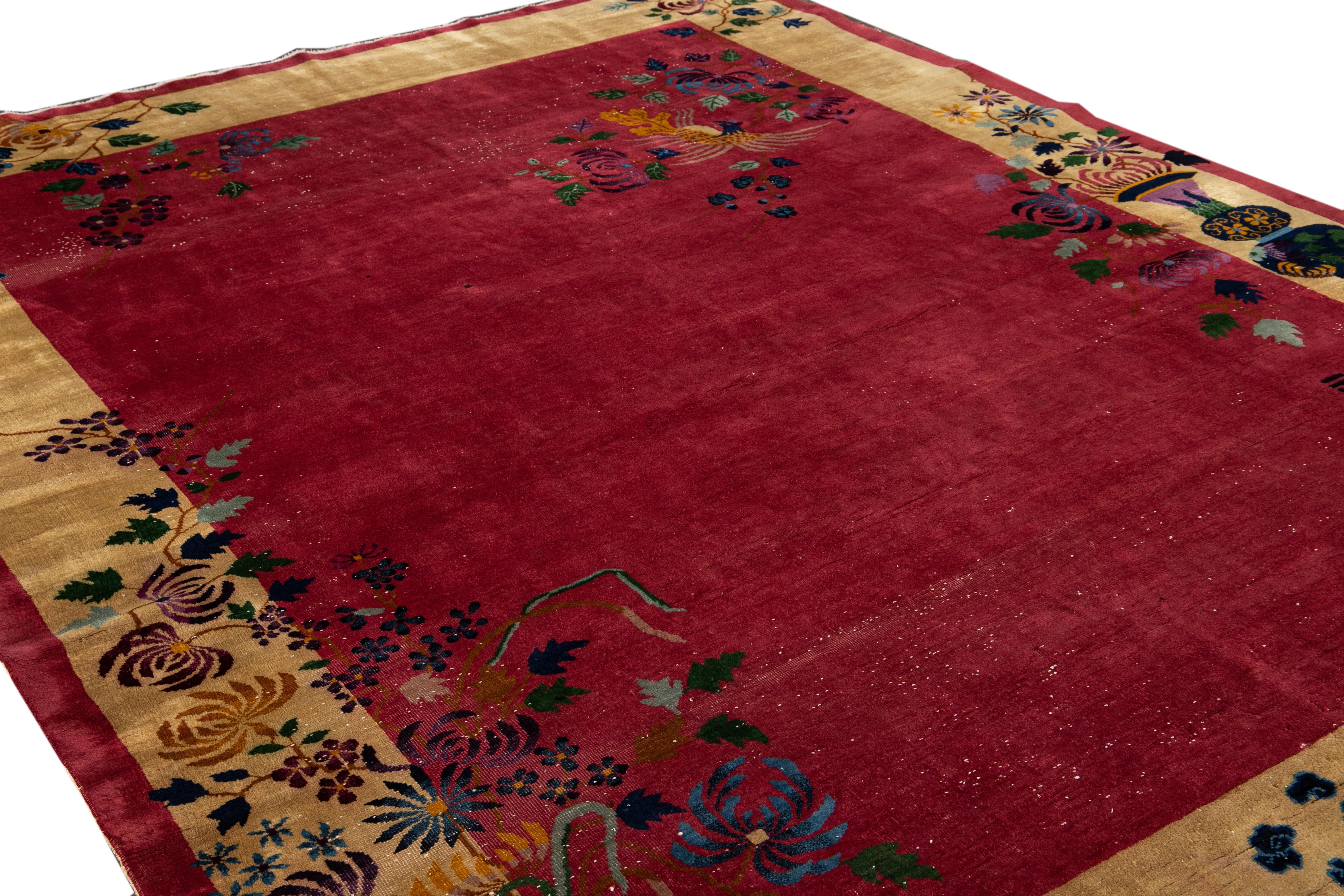 Antique Art Deco Red and Yellow Chinese Handmade Floral Wool Rug For Sale 2