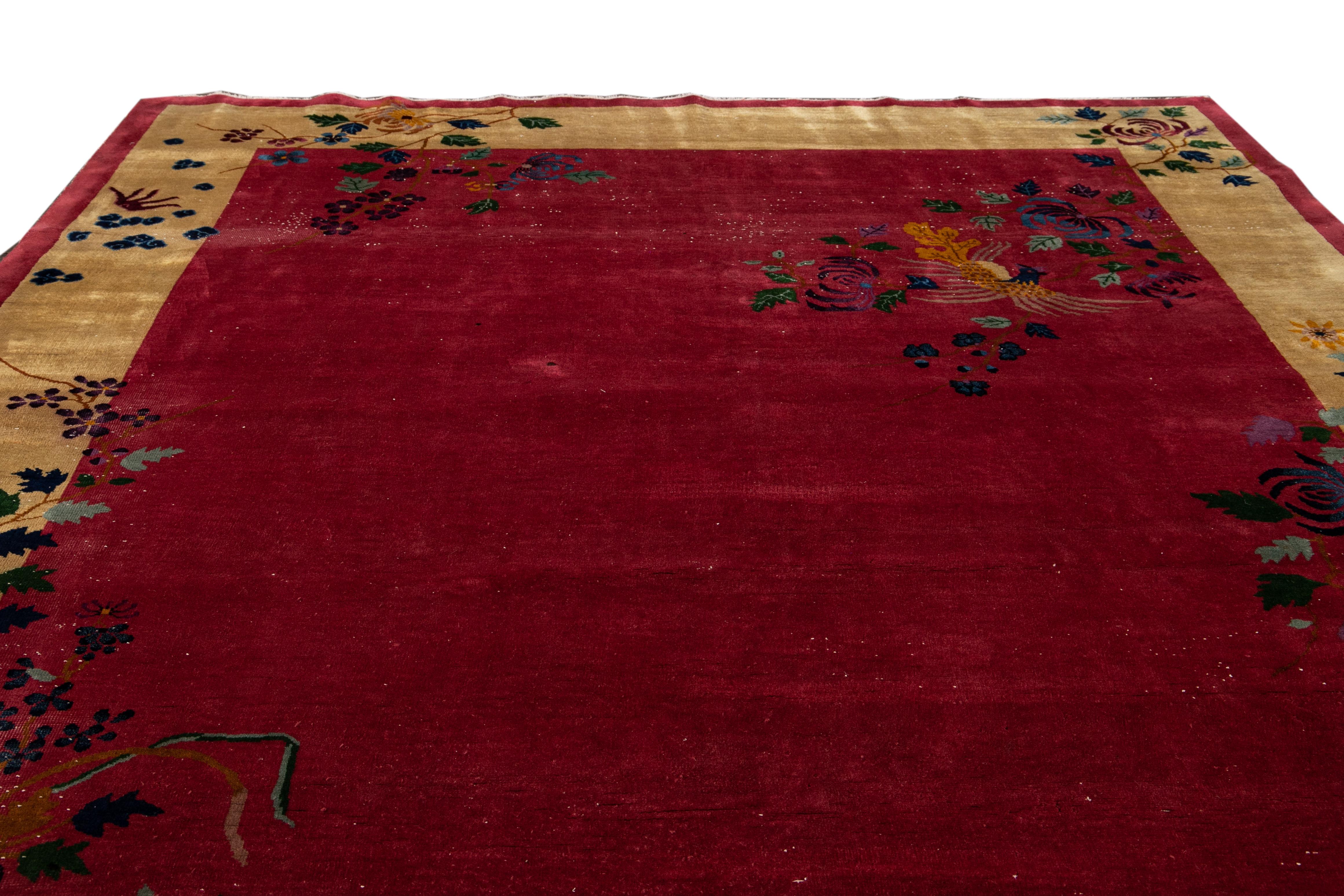 Antique Art Deco Red and Yellow Chinese Handmade Floral Wool Rug For Sale 3
