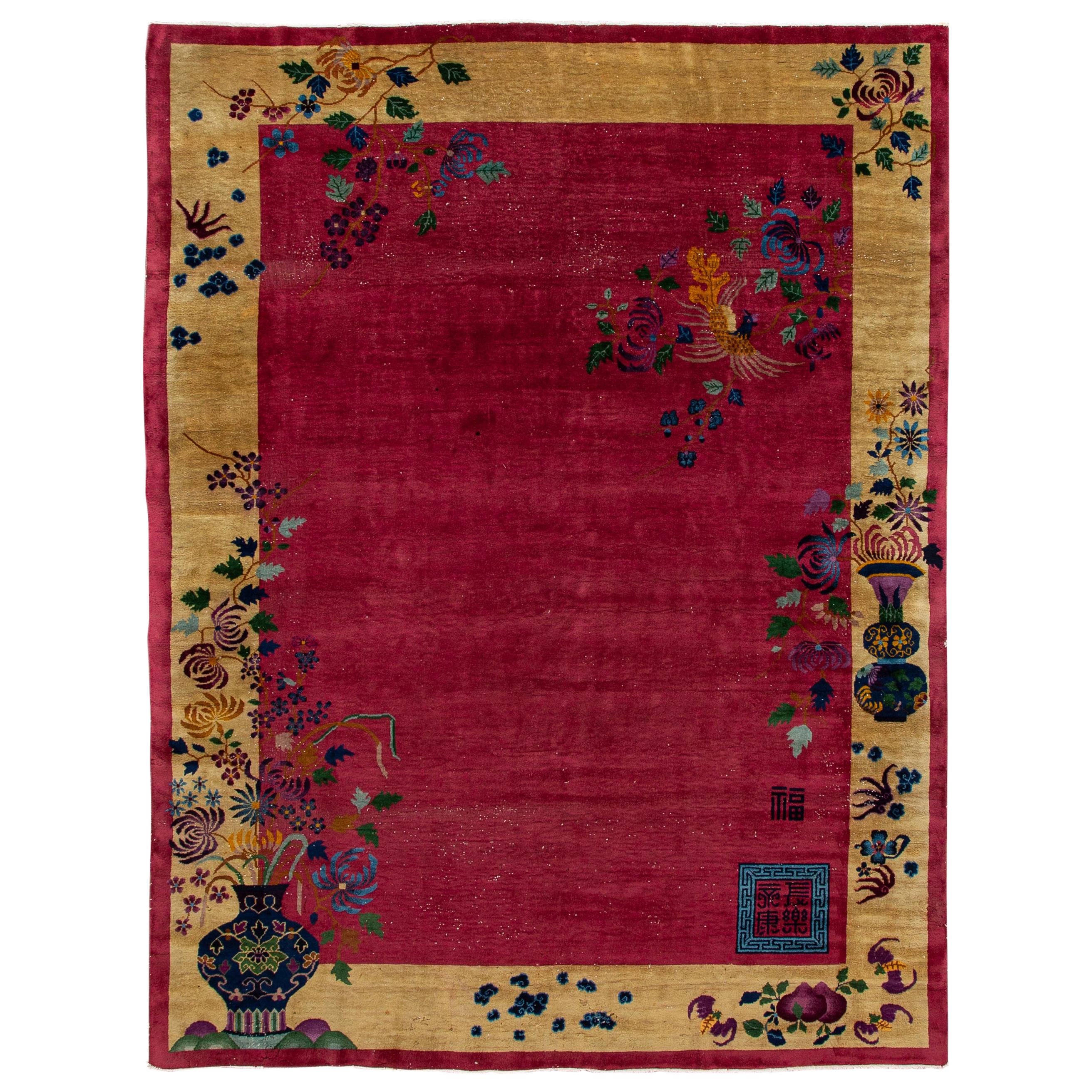 Antique Art Deco Red and Yellow Chinese Handmade Floral Wool Rug