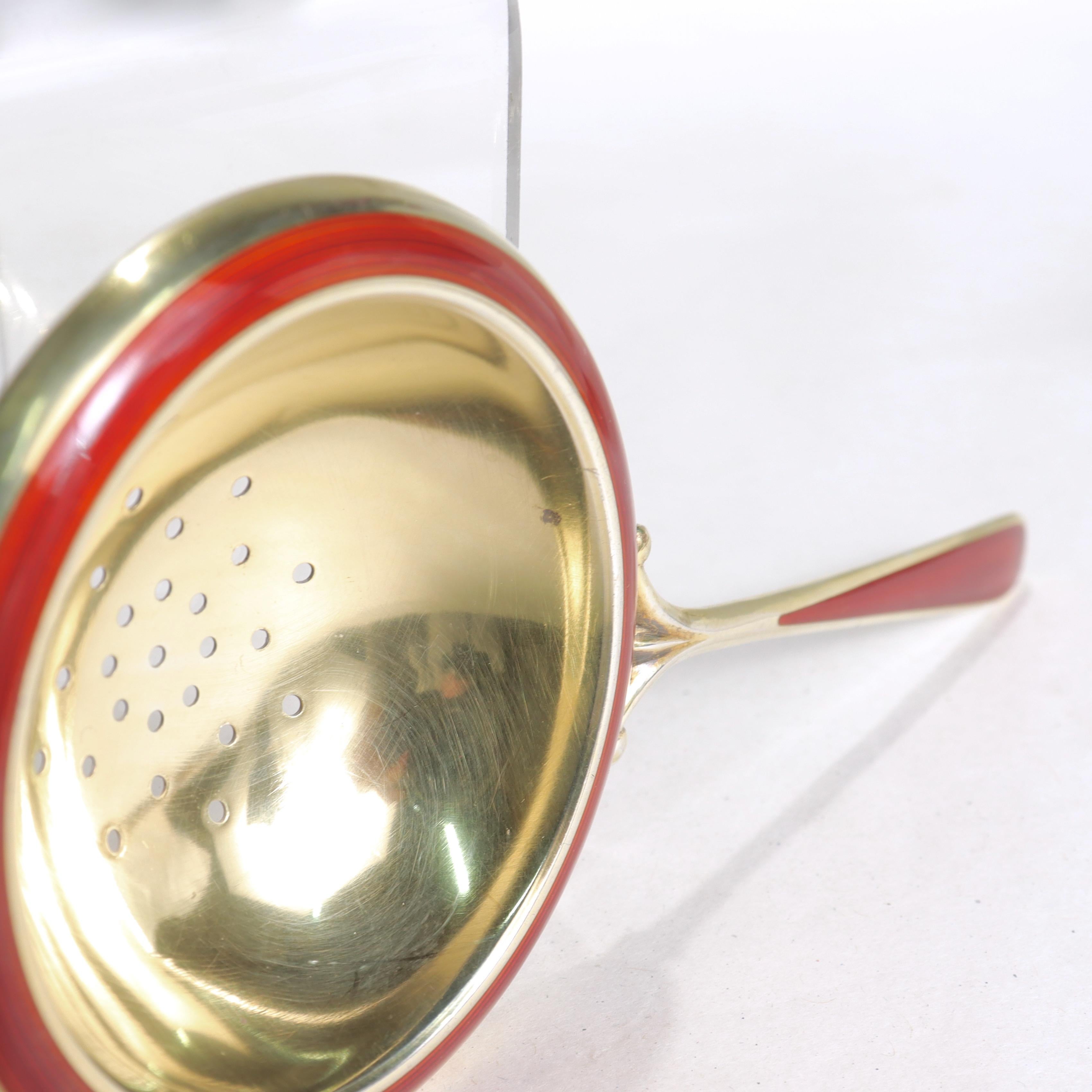 Antique Art Deco Red Enamel & Gilt Sterling Silver Tea Strainer by N.M. Thune For Sale 4