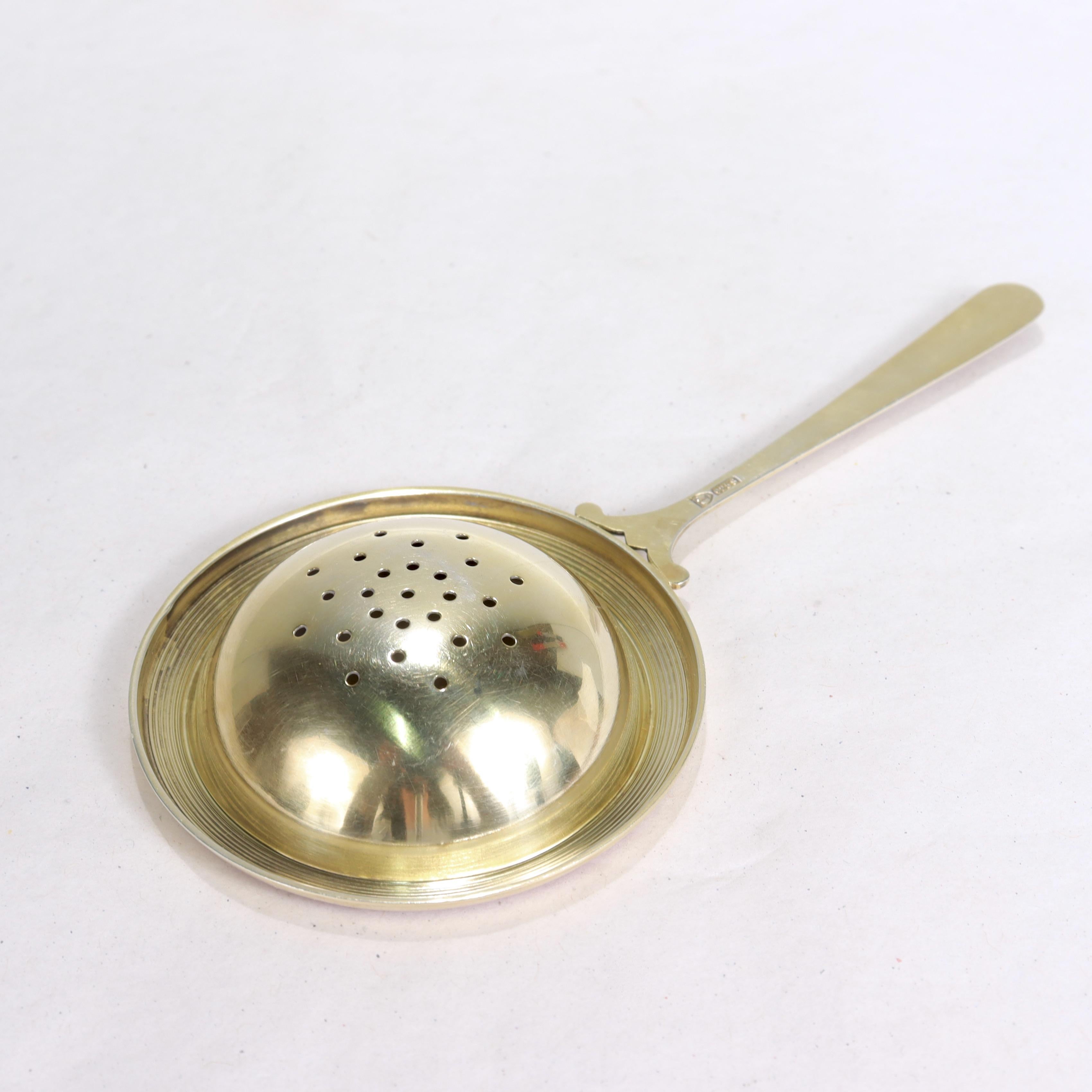Antique Art Deco Red Enamel & Gilt Sterling Silver Tea Strainer by N.M. Thune In Good Condition For Sale In Philadelphia, PA