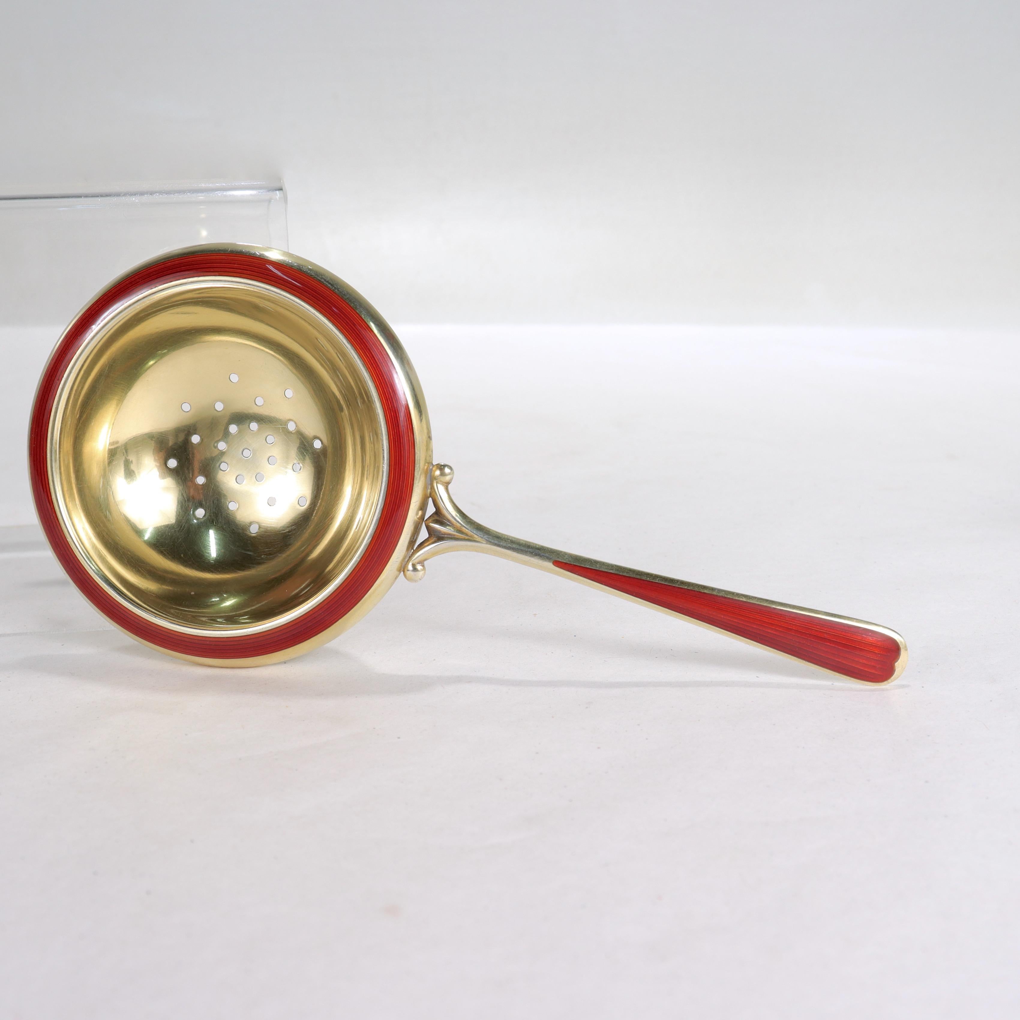 Antique Art Deco Red Enamel & Gilt Sterling Silver Tea Strainer by N.M. Thune For Sale 1