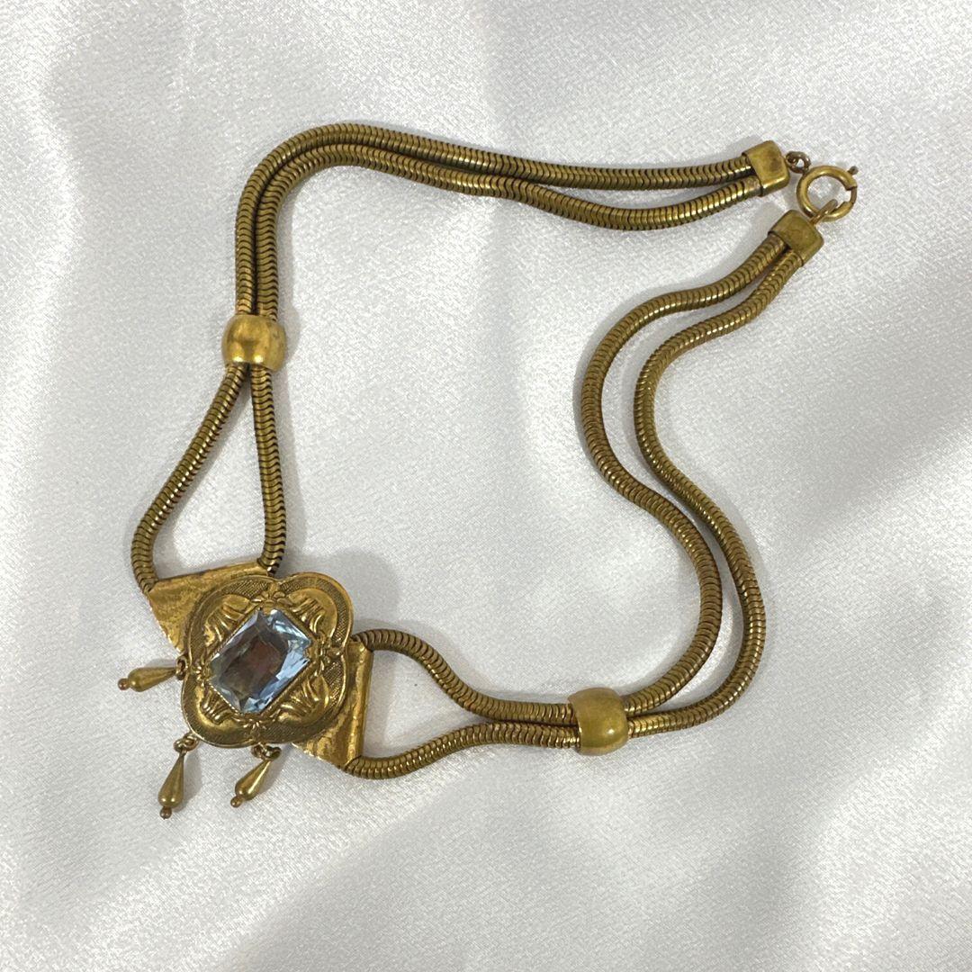 Women's Antique Art Deco Blue Baguette Cut Crystal Set of Necklace & Bracelet  For Sale