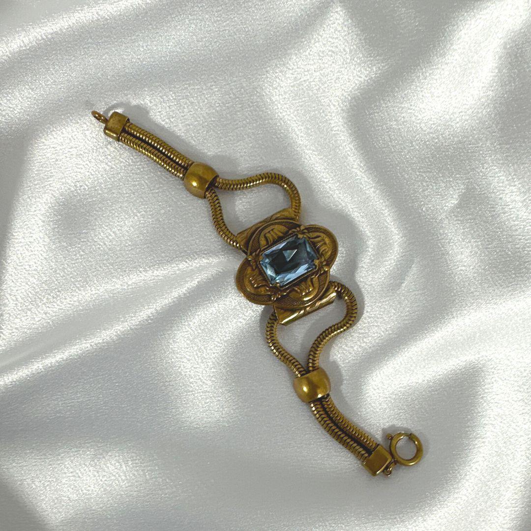 Antique Art Deco Blue Baguette Cut Crystal Set of Necklace & Bracelet  For Sale 1