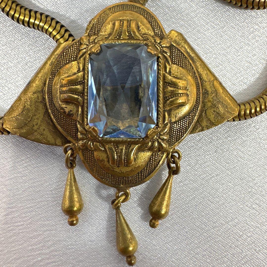 Antique Art Deco Blue Baguette Cut Crystal Set of Necklace & Bracelet  For Sale 5