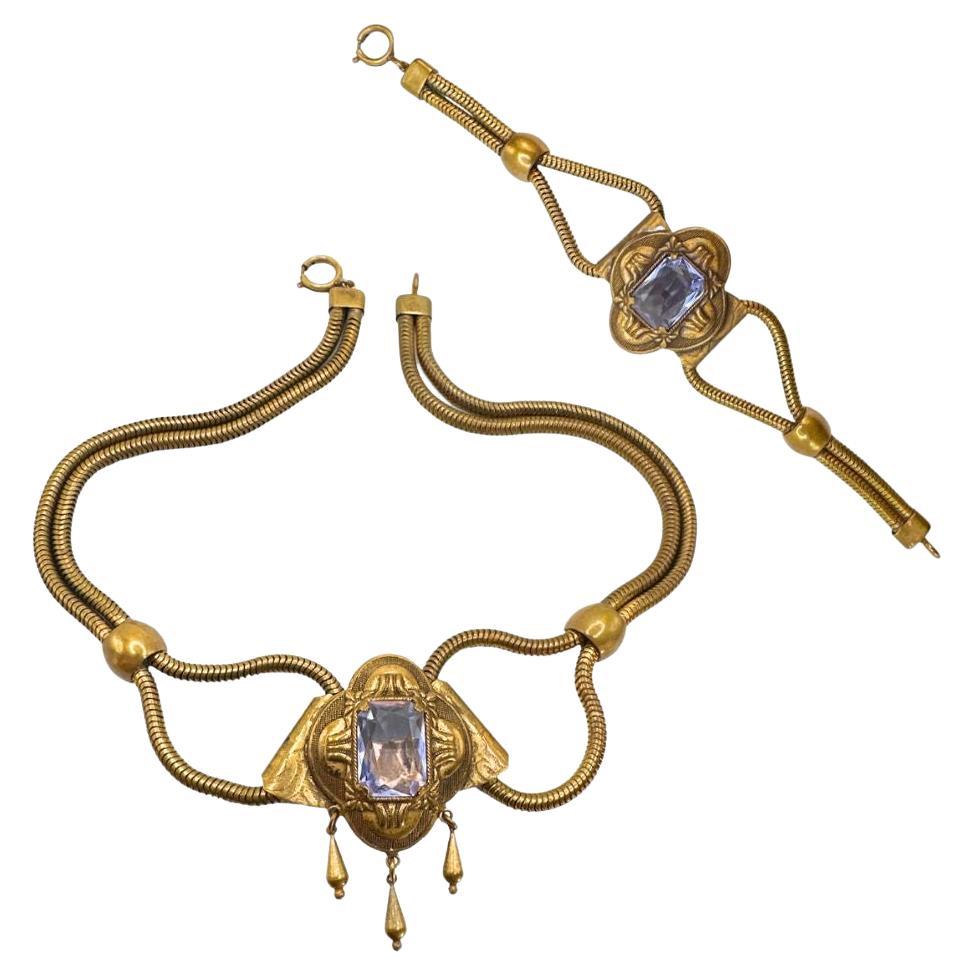 Antique Art Deco Blue Baguette Cut Crystal Set of Necklace & Bracelet  For Sale