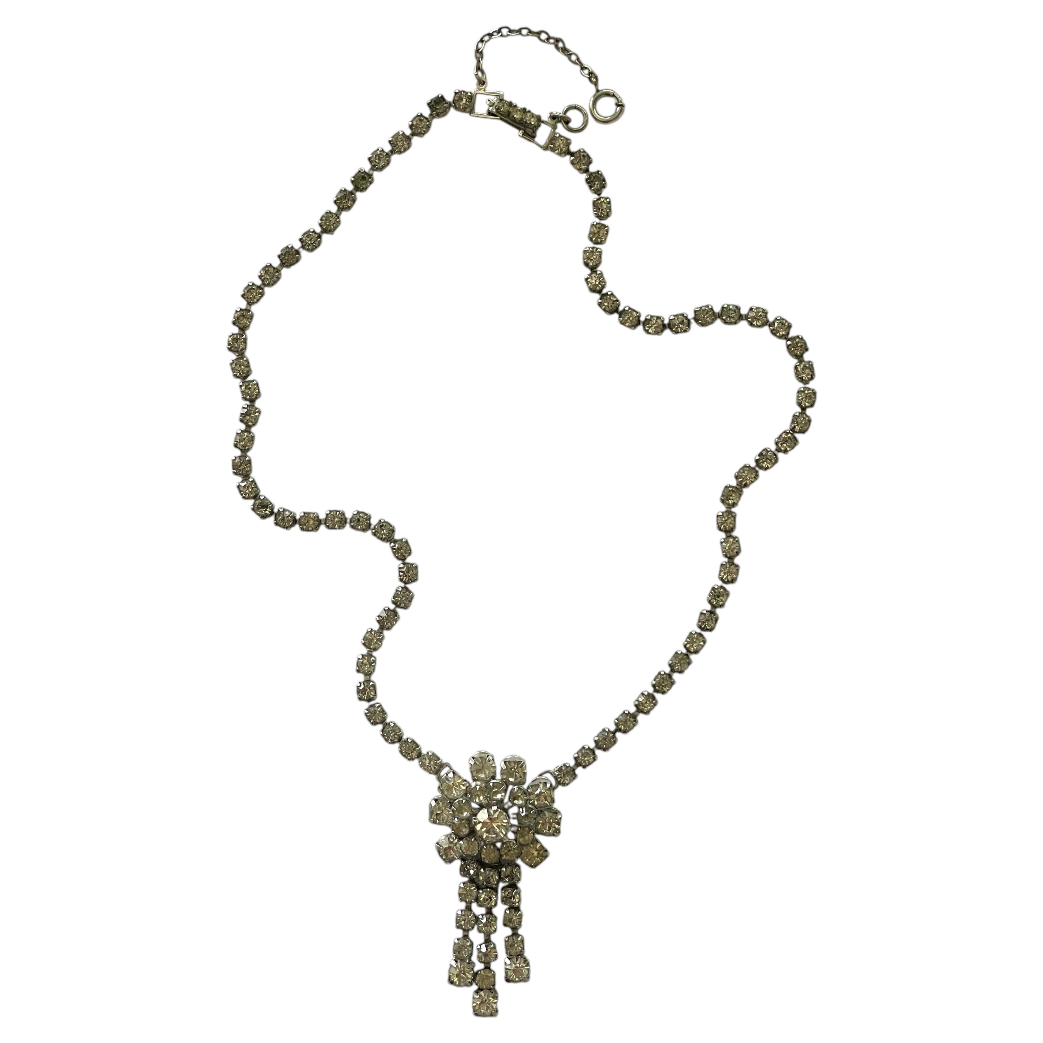 Antique Art Deco Rhinestone Floral Tassel Necklace with Safety Chain circa 1930~ For Sale